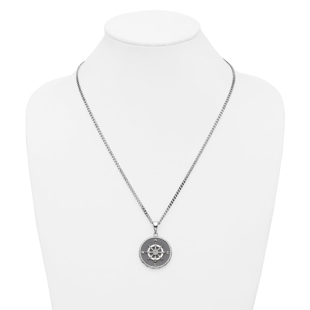 Chisel Stainless Steel Polished Black IP-plated Compass Pendant on a 22 inch Curb Chain Necklace
