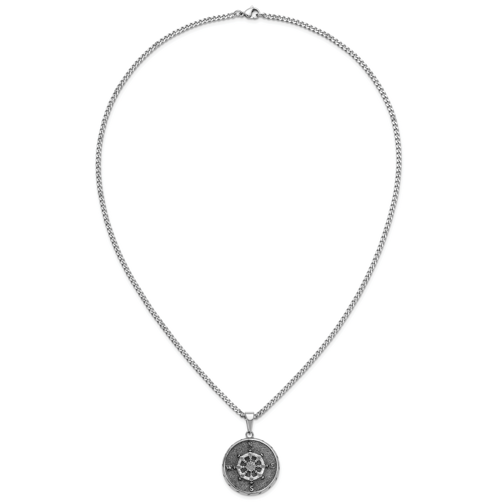 Chisel Stainless Steel Polished Black IP-plated Compass Pendant on a 22 inch Curb Chain Necklace