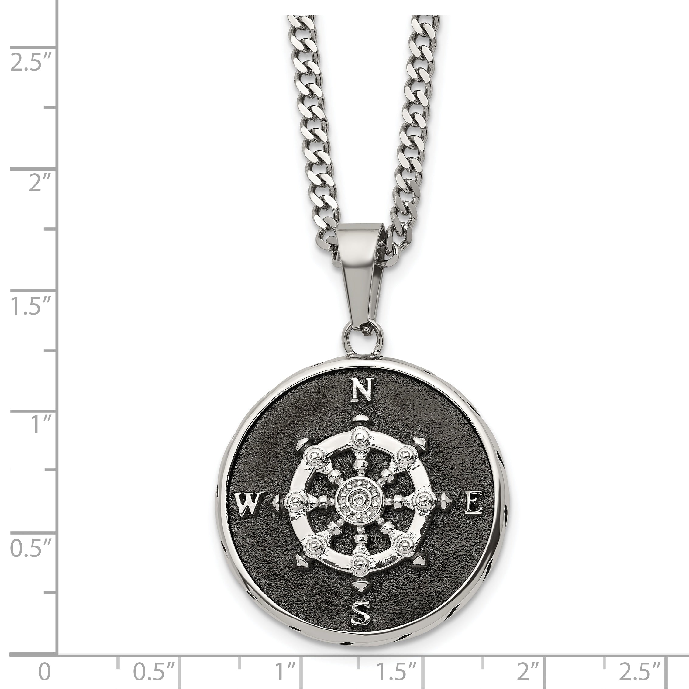 Chisel Stainless Steel Polished Black IP-plated Compass Pendant on a 22 inch Curb Chain Necklace