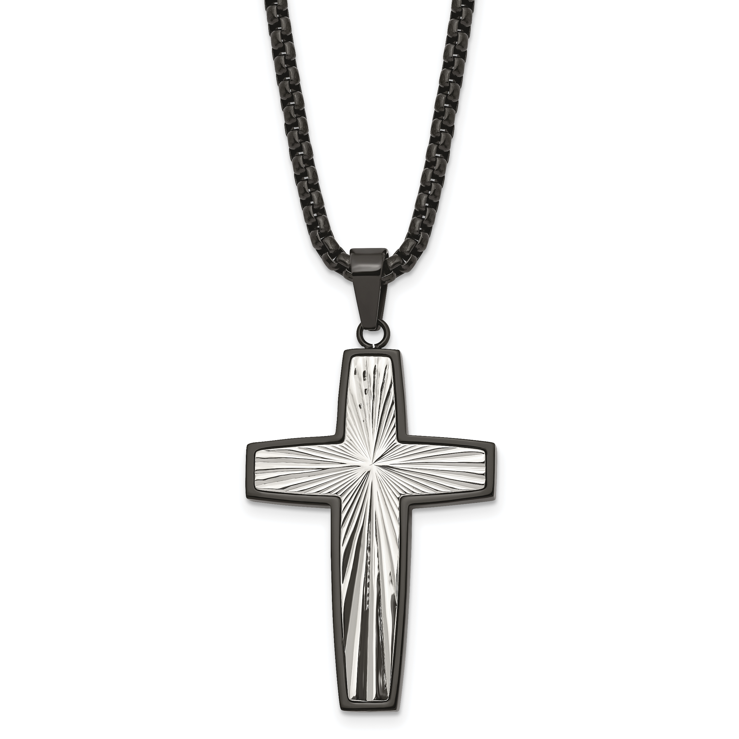 Chisel Stainless Steel Polished and Textured Black IP-plated Cross Pendant on a 24 inch Box Chain Necklace Main image