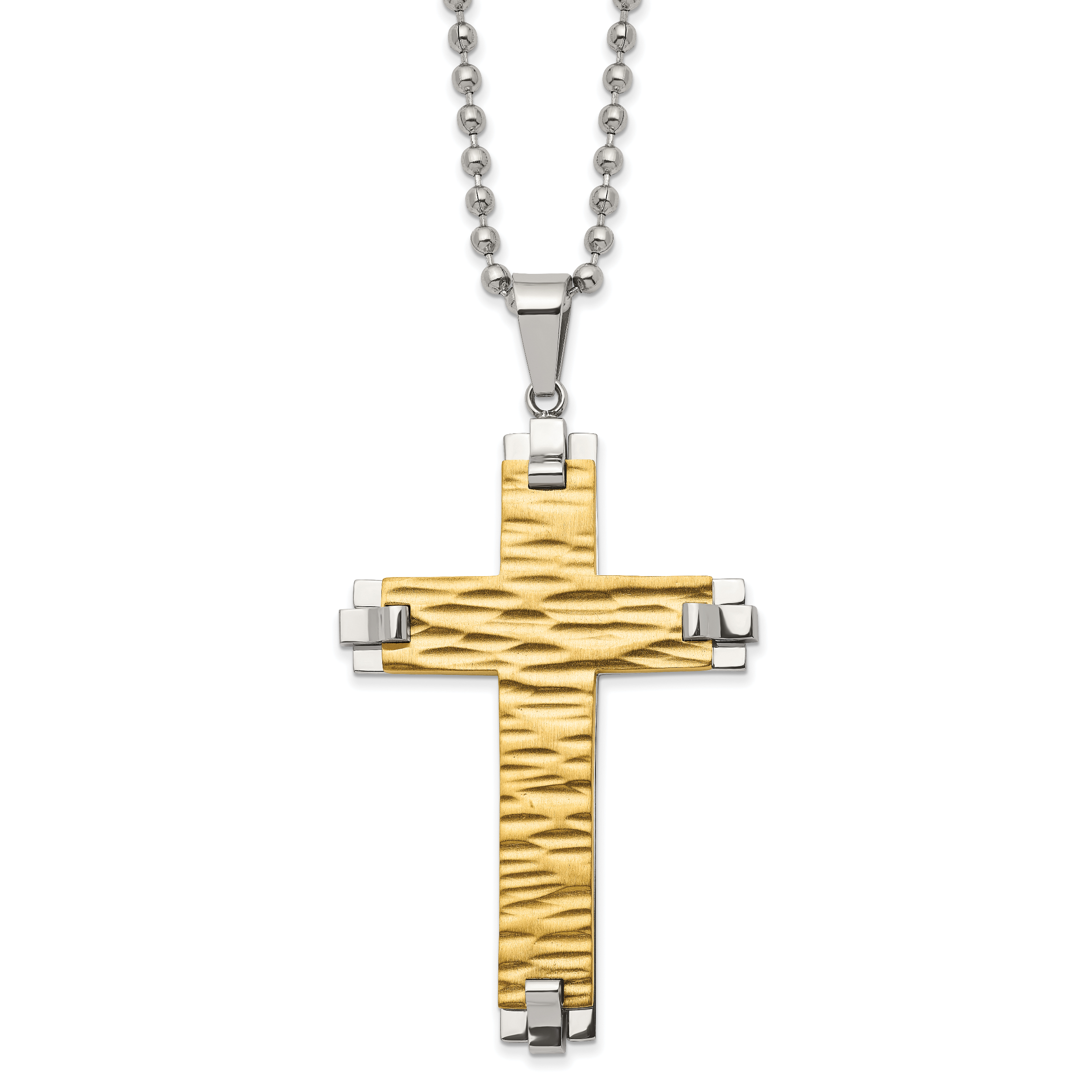 Chisel Stainless Steel Brushed Polished and Textured Yellow IP-plated Cross Pendant on a 22 inch Ball Chain Necklace Main image