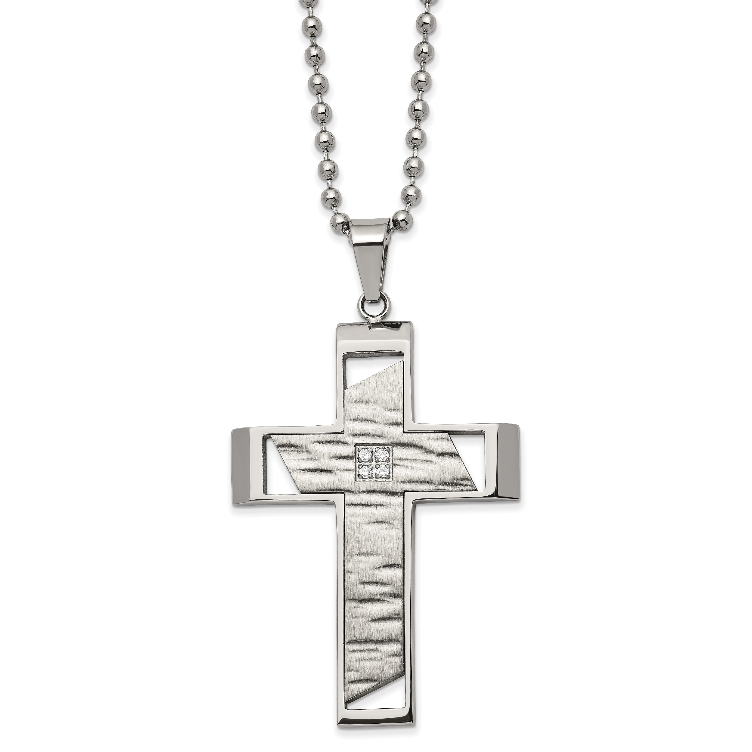 Chisel Stainless Steel Brushed Polished and Textured with CZ Cutout Cross Pendant on a 22 inch Ball Chain Necklace