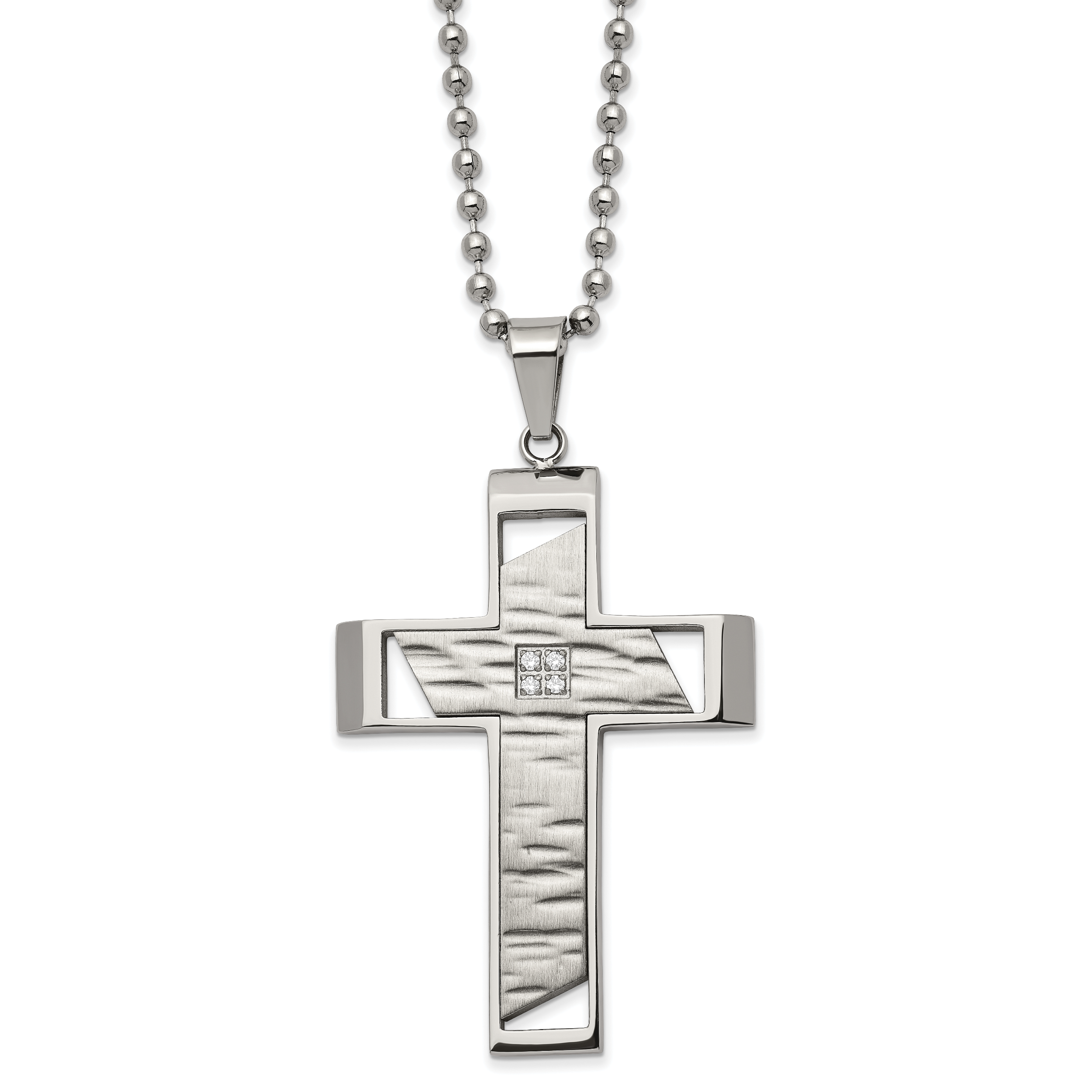 Chisel Stainless Steel Brushed Polished and Textured with CZ Cutout Cross Pendant on a 22 inch Ball Chain Necklace