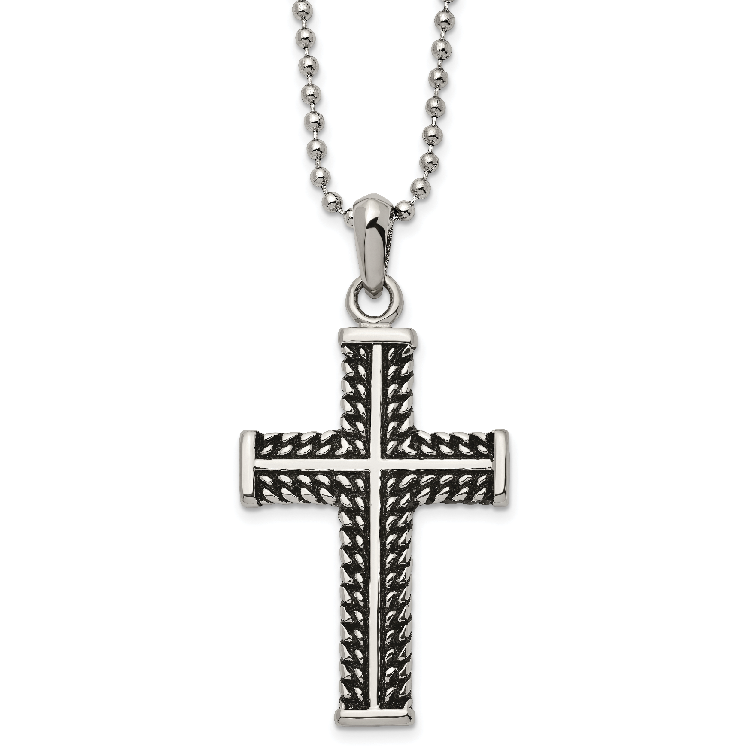 Chisel Stainless Steel Antiqued and Polished Chain Design Cross Pendant on a 22 inch Ball Chain Necklace Main image