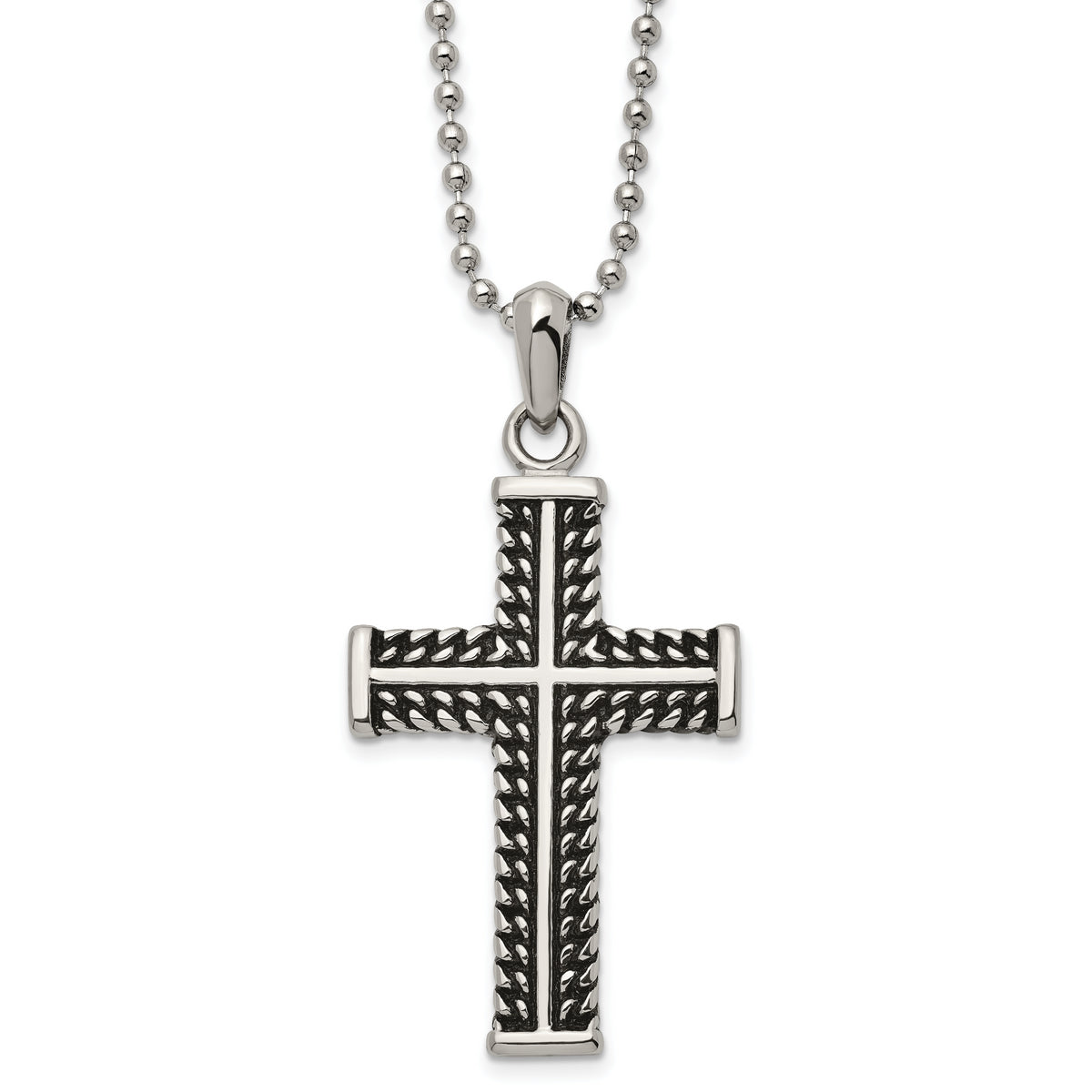 Chisel Stainless Steel Antiqued and Polished Chain Design Cross Pendant on a 22 inch Ball Chain Necklace