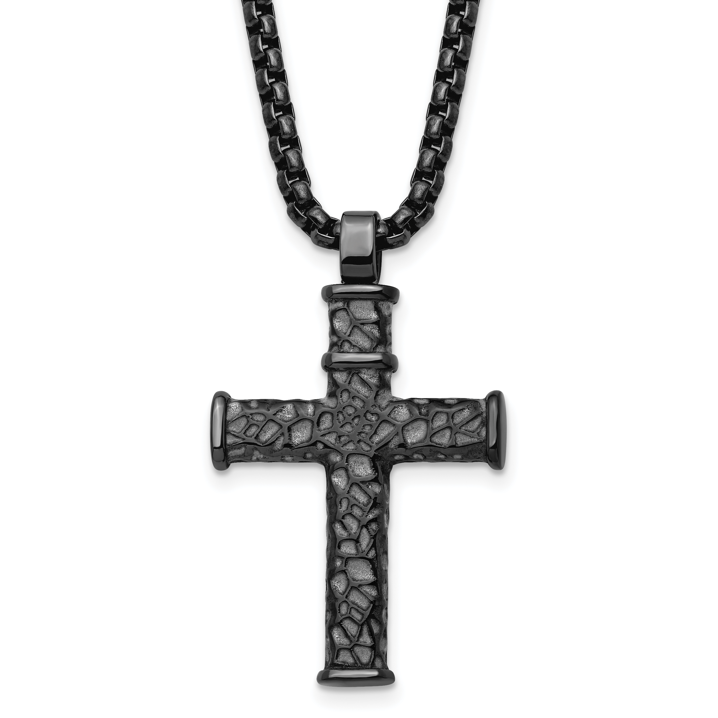 Chisel Stainless Steel Brushed Polished and Textured Gun Metal IP-plated Cross Pendant on a 24 inch Box Chain Necklace Main image