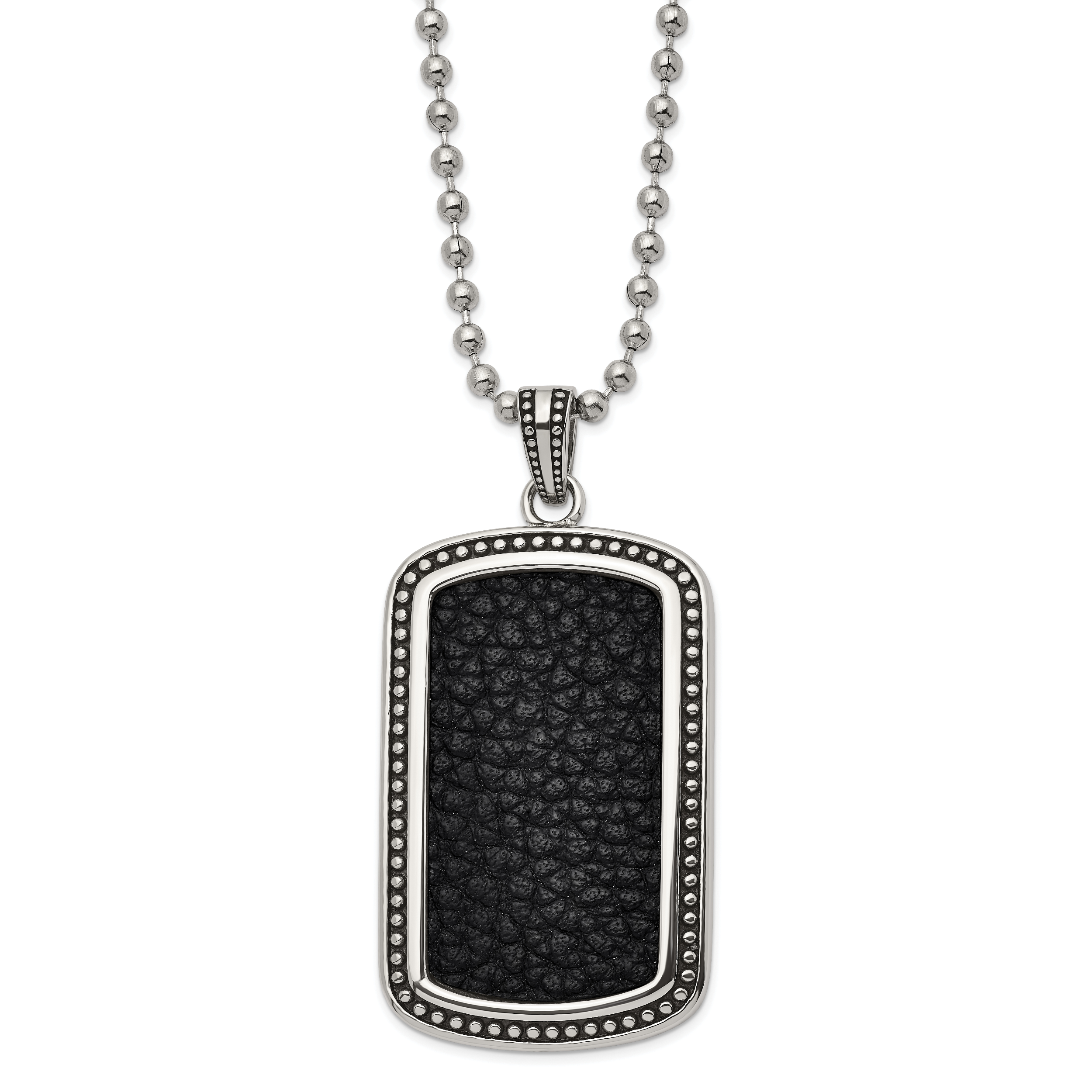 Chisel Stainless Steel Antiqued and Polished Black Textured Leather Inlay Dog Tag on a 22 inch Ball Chain Necklace Main image