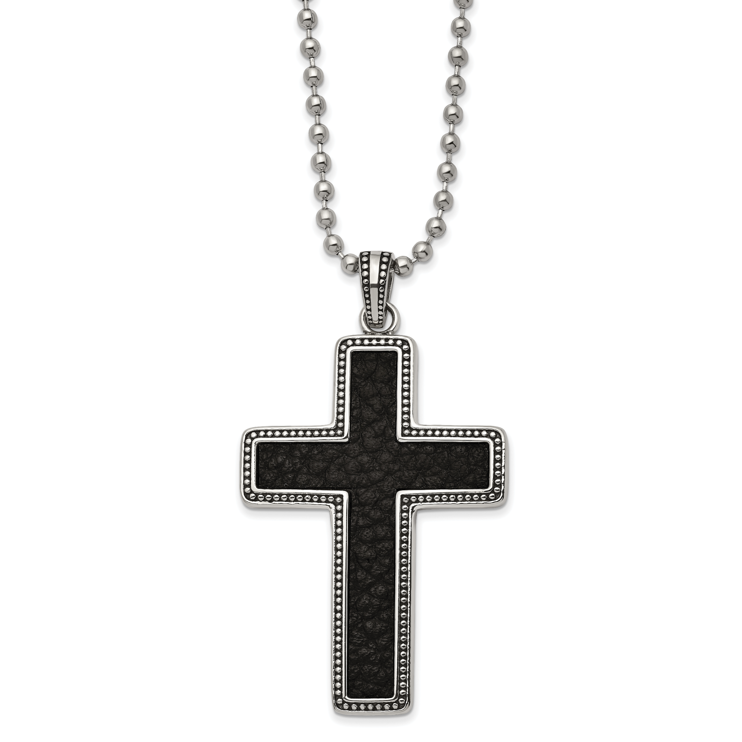 Chisel Stainless Steel Antiqued and Polished Black Leather Inlay Cross Pendant on a 22 inch Ball Chain Necklace Main image