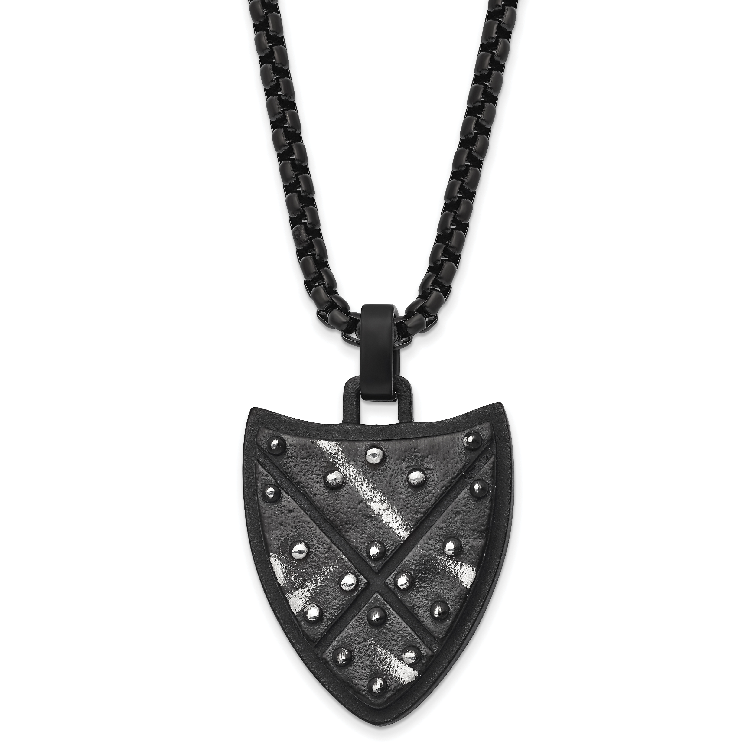 Chisel Stainless Steel Antiqued and Brushed Black IP-plated Shield Pendant on a 24 inch Box Chain Necklace Main image