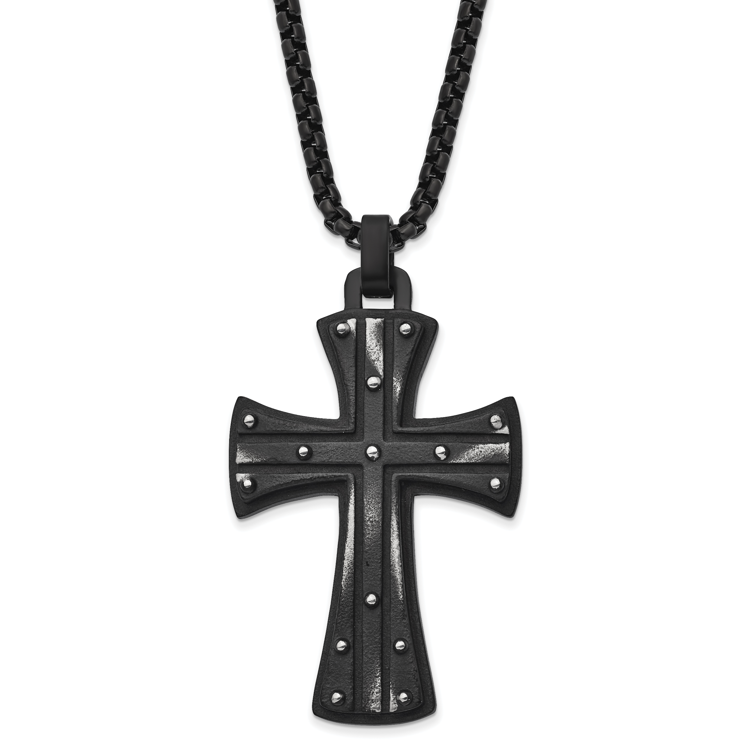 Chisel Stainless Steel Antiqued and Brushed Black IP-plated Cross Pendant on a 24 inch Box Chain Necklace Main image