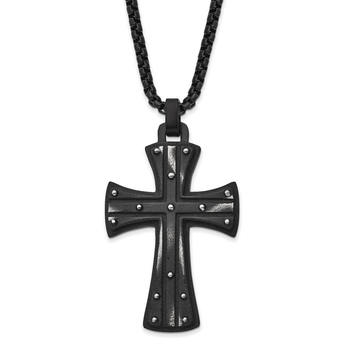 Chisel Stainless Steel Antiqued and Brushed Black IP-plated Cross Pendant on a 24 inch Box Chain Necklace
