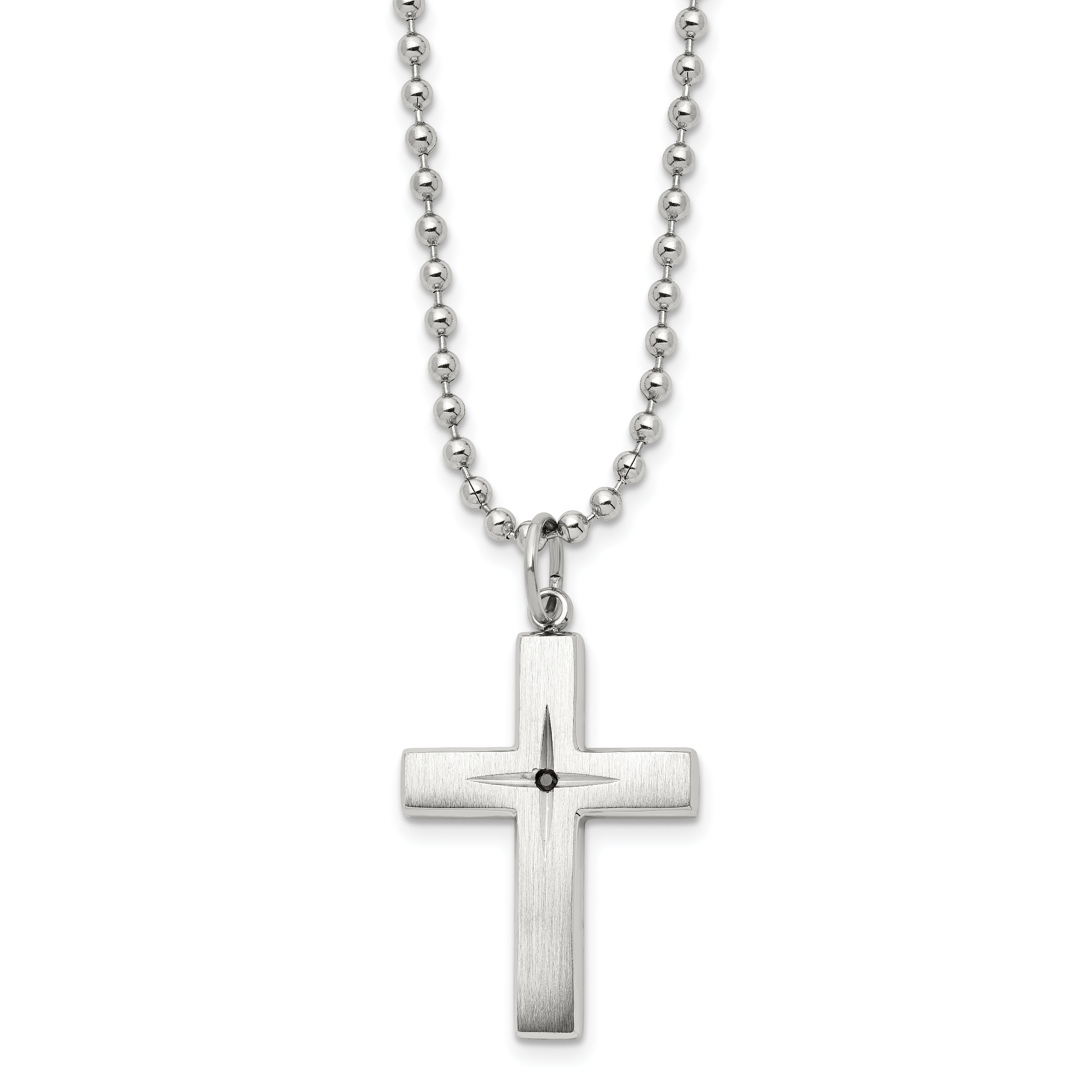 Chisel Stainless Steel Brushed and Polished 0.015 carat Black Diamond Cross Pendant on a 24 inch Ball Chain Necklace Main image