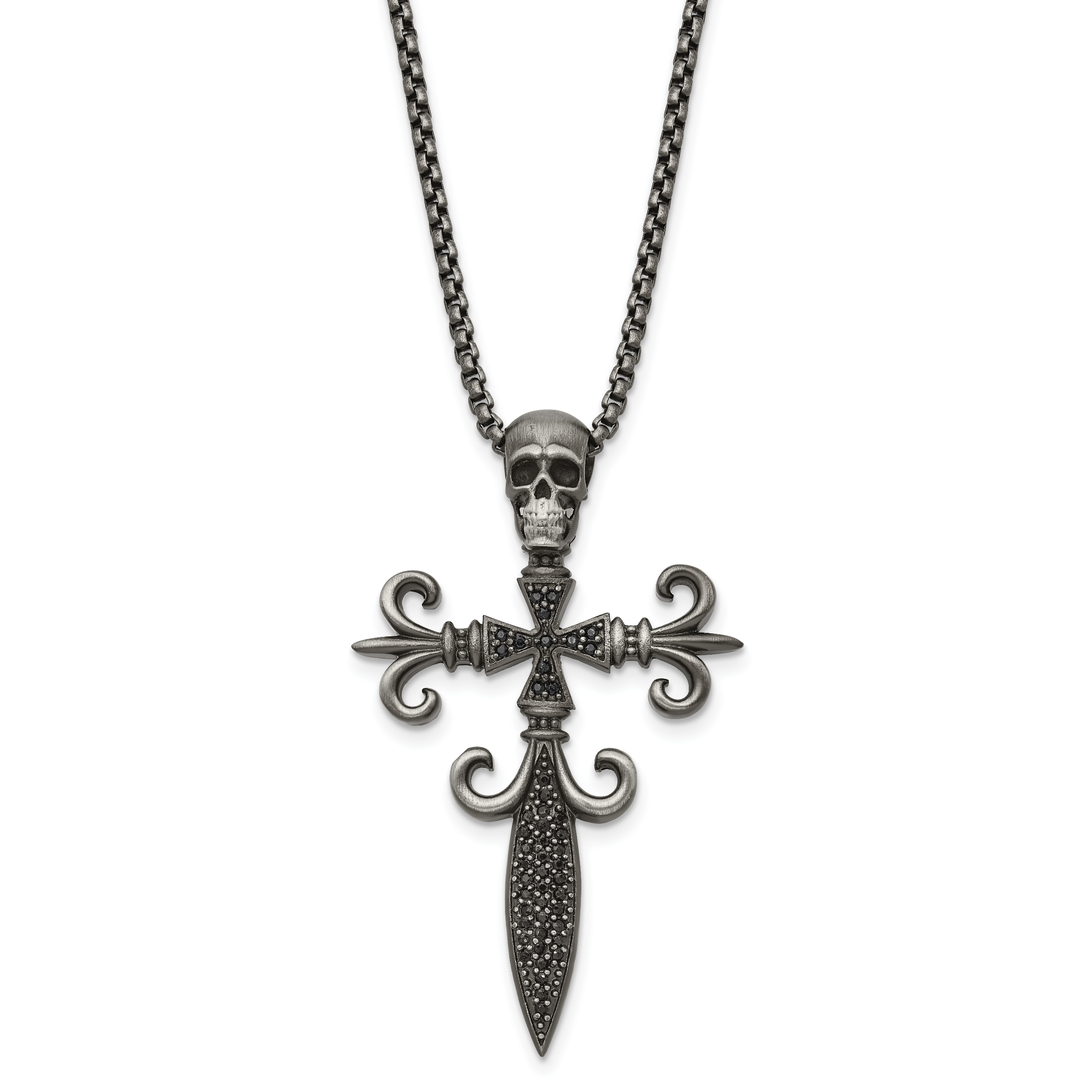 Chisel Stainless Steel Antique White Bronze-plated with CZ Cross and Skull Pendant on a 24 inch Box Chain Necklace Main image