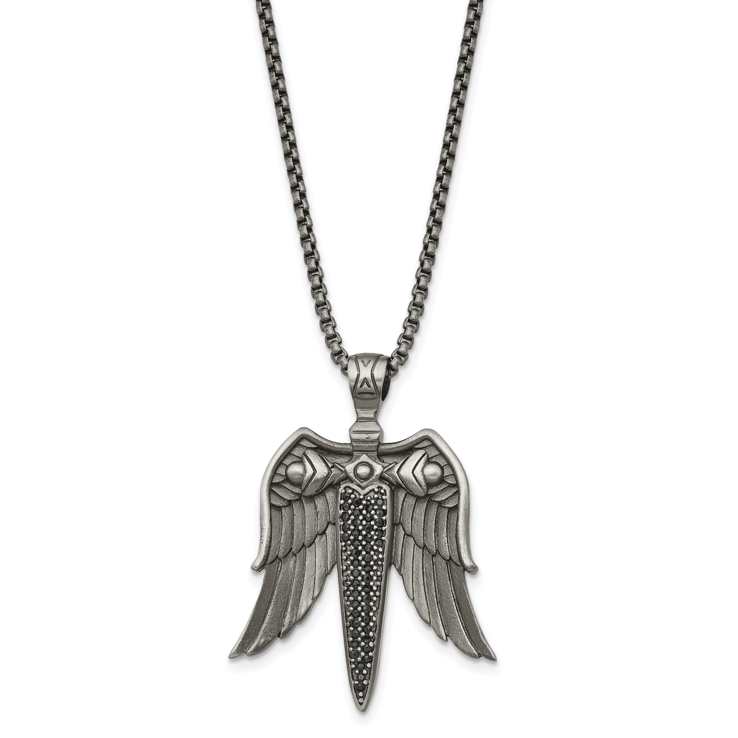 Chisel Stainless Steel Antiqued White Bronze-plated with Black CZ Sword with Wings on a 24 inch Box Chain Necklace Main image