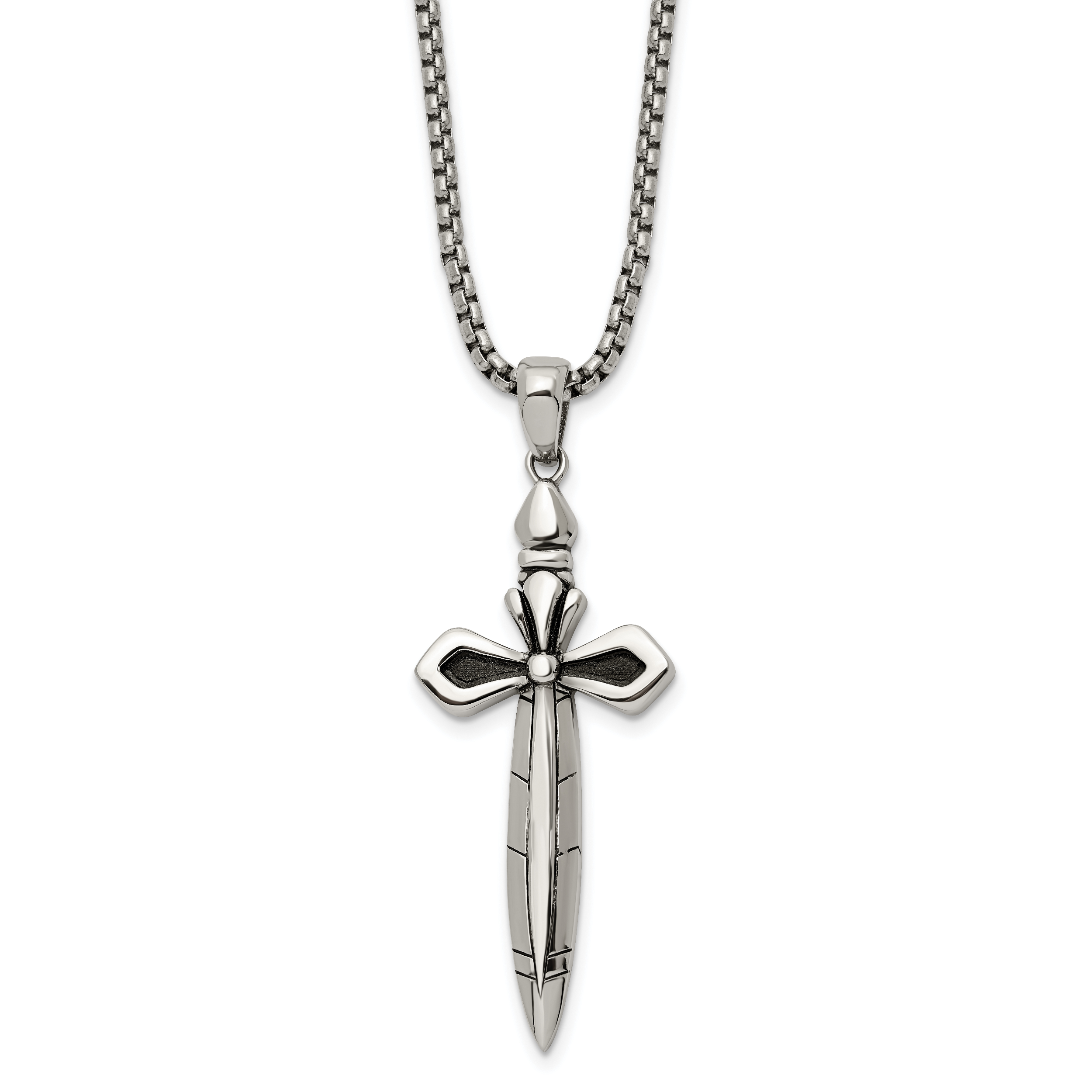 Chisel Stainless Steel Antiqued and Polished Cross/Sword Pendant on a 24 inch Box Chain Necklace Main image