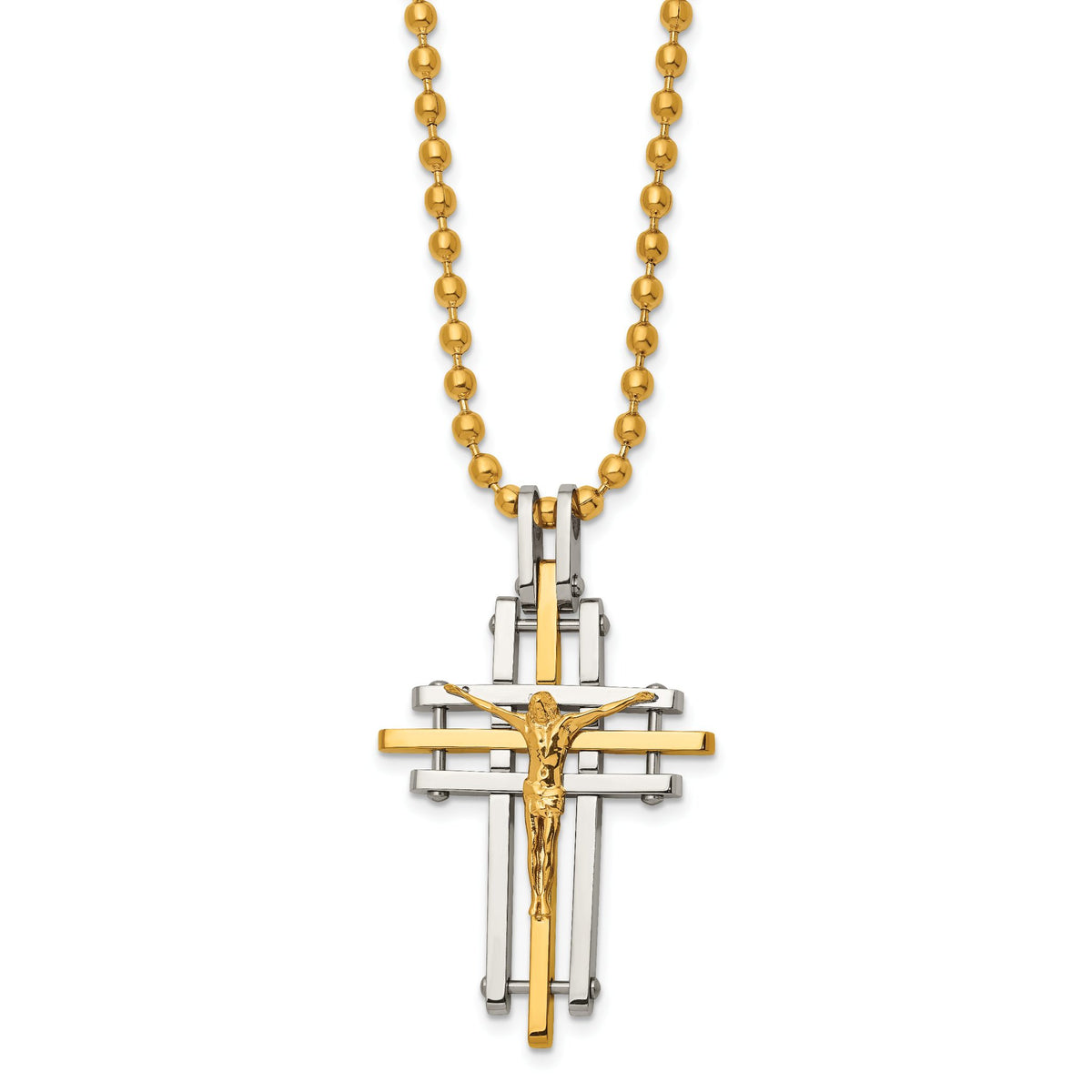 Chisel Layered Cross Crucifix Necklace in Yellow IP-Plated Stainless Steel, 24 Inch - Sophia Jewelers Main image
