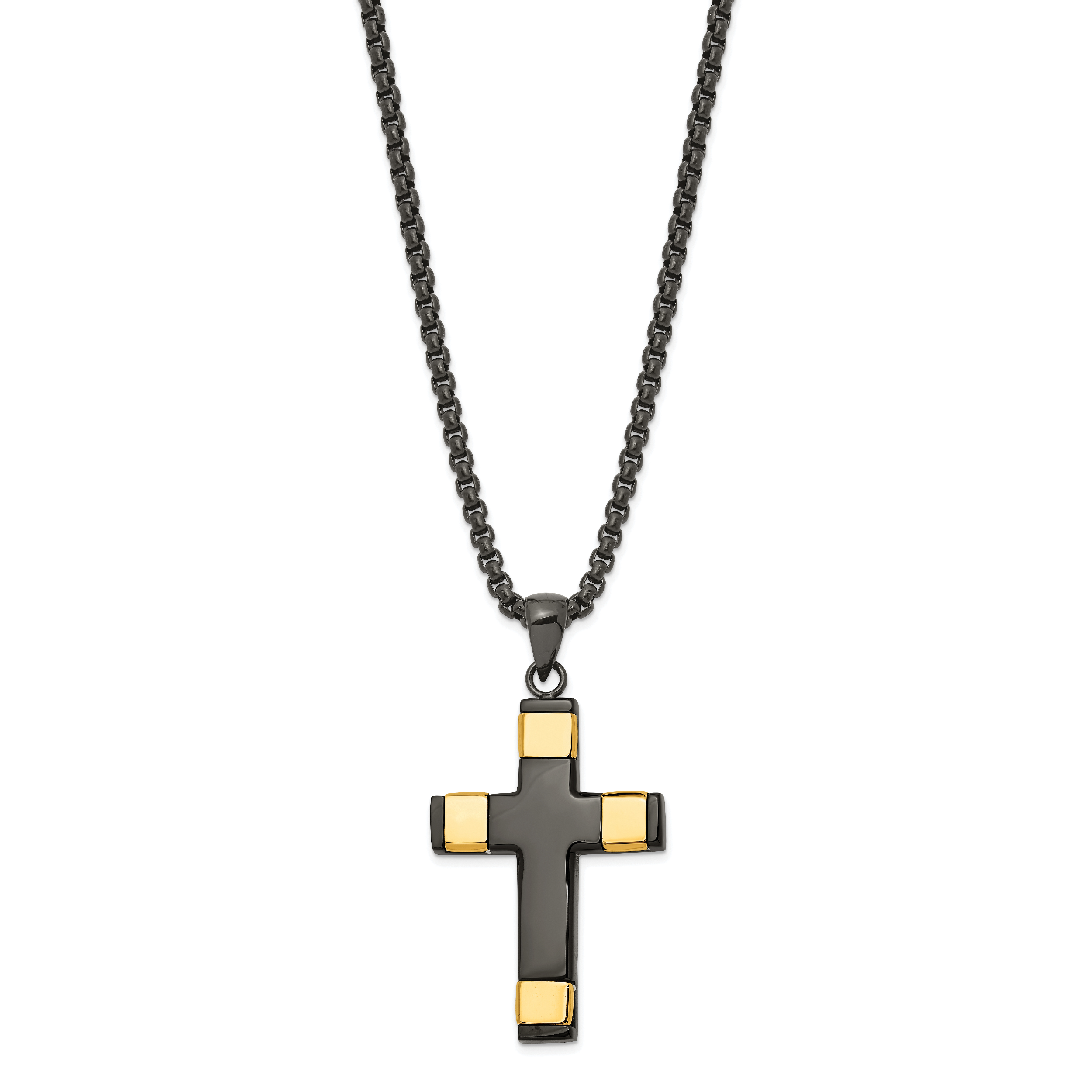 Chisel Stainless Steel Polished Black and Yellow IP-plated Cross Pendant on a 19.75 inch Box Chain Necklace Main image