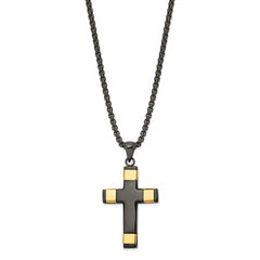 Chisel Stainless Steel Polished Black and Yellow IP-plated Cross Pendant on a 19.75 inch Box Chain Necklace