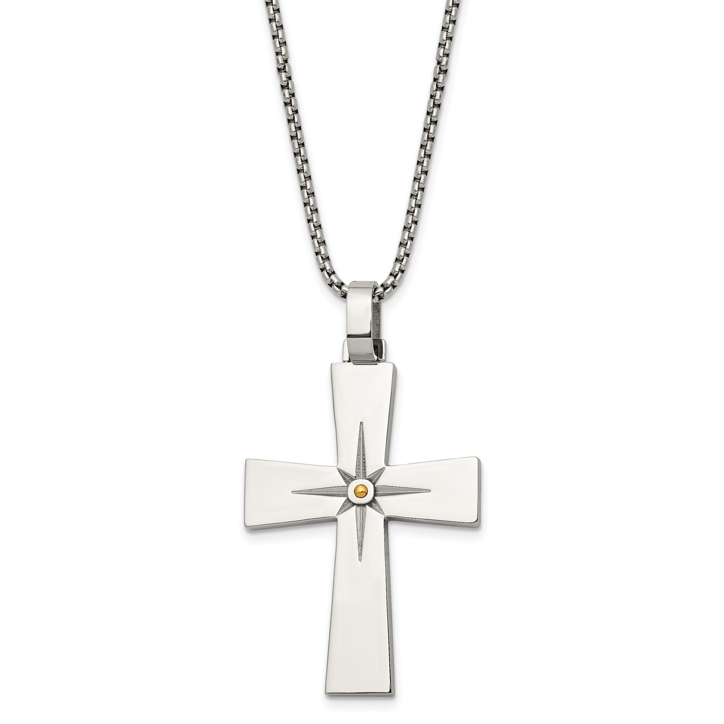 Chisel Stainless Steel Polished Yellow IP-plated Starburst Cross Pendant on a 24 inch Box Chain Necklace Main image