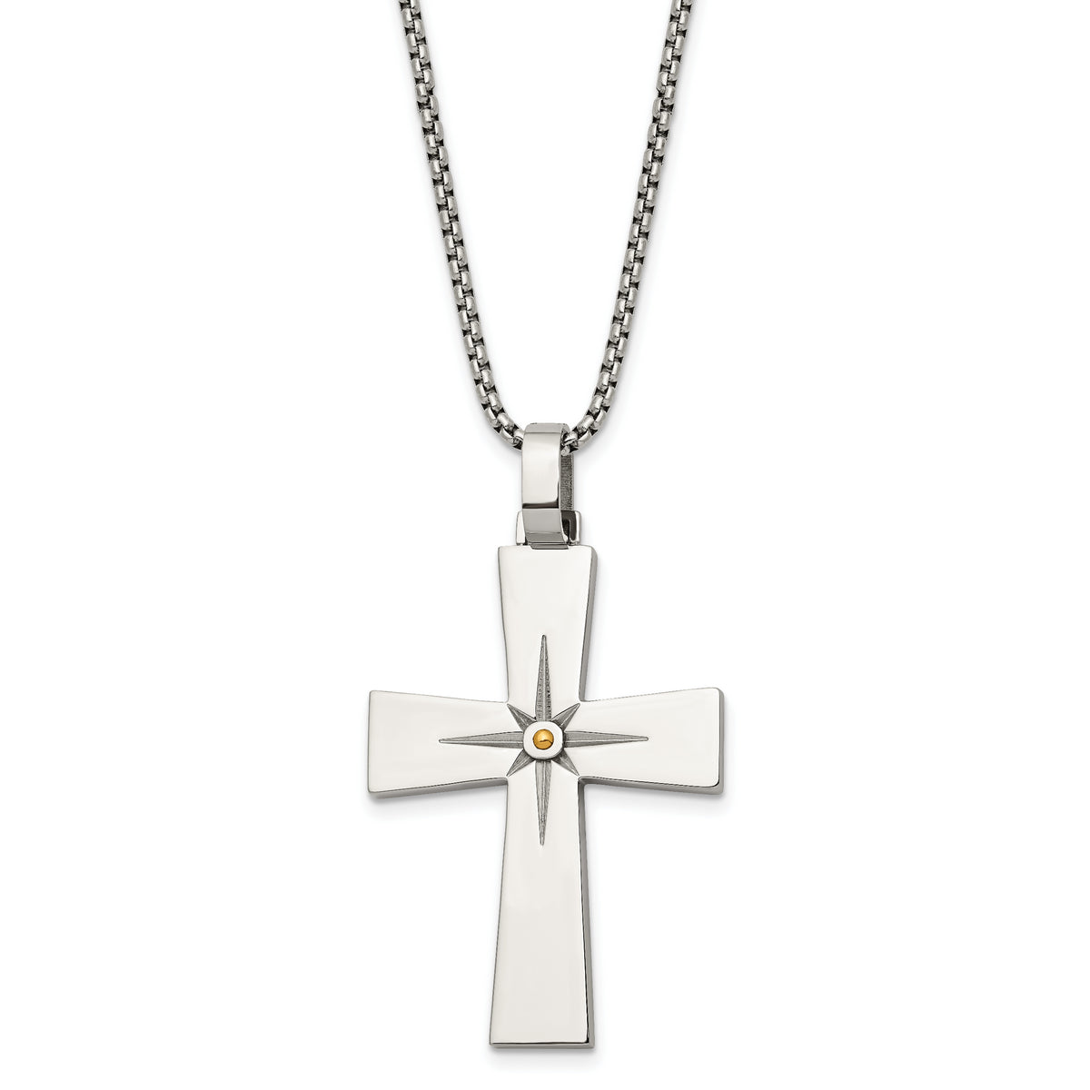 Chisel Stainless Steel Polished Yellow IP-plated Starburst Cross Pendant on a 24 inch Box Chain Necklace