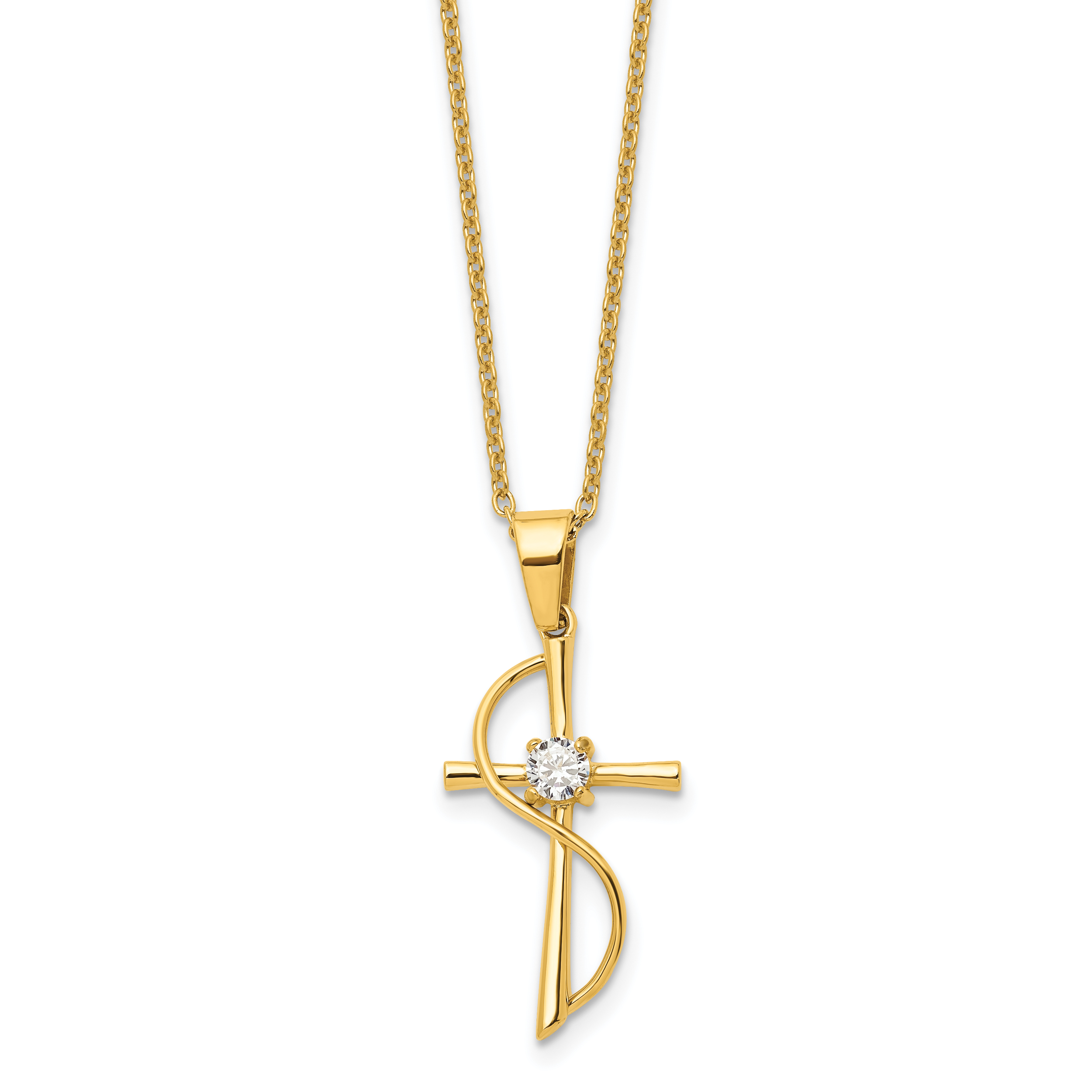 Chisel Stainless Steel Polished Yellow IP-plated with CZ Cross Pendant on a 17.75 inch Cable Chain Necklace Main image