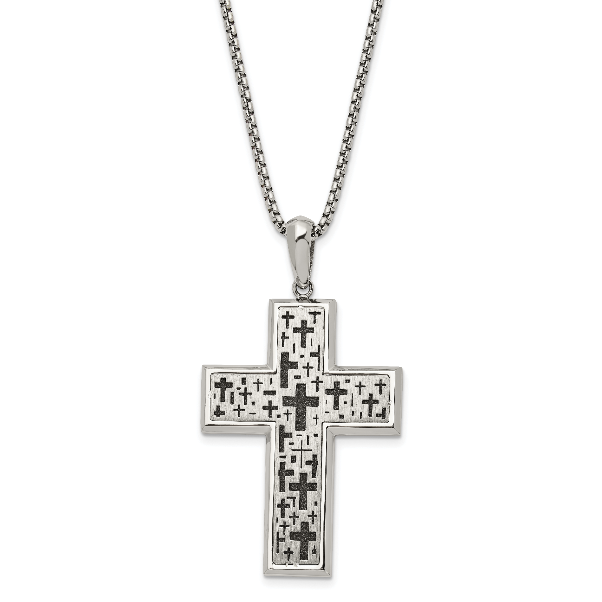 Chisel Stainless Steel Brushed Polished and Laser cut Black IP-plated Cross Pendant on a 24 inch Box Chain Necklace Main image