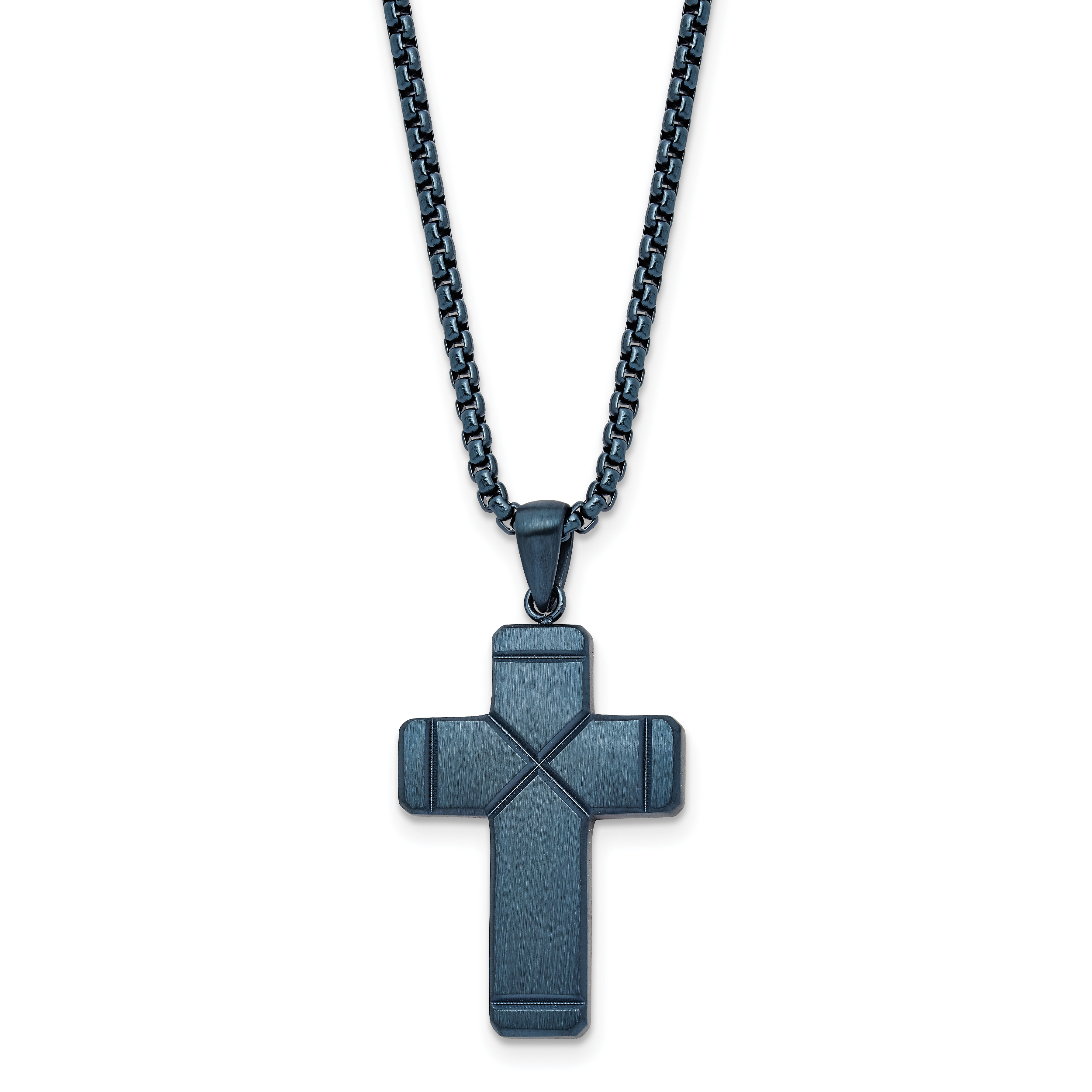 Chisel Stainless Steel Brushed and Polished Blue IP-plated Cross Pendant on a 19.75 inch Box Chain Necklace Main image