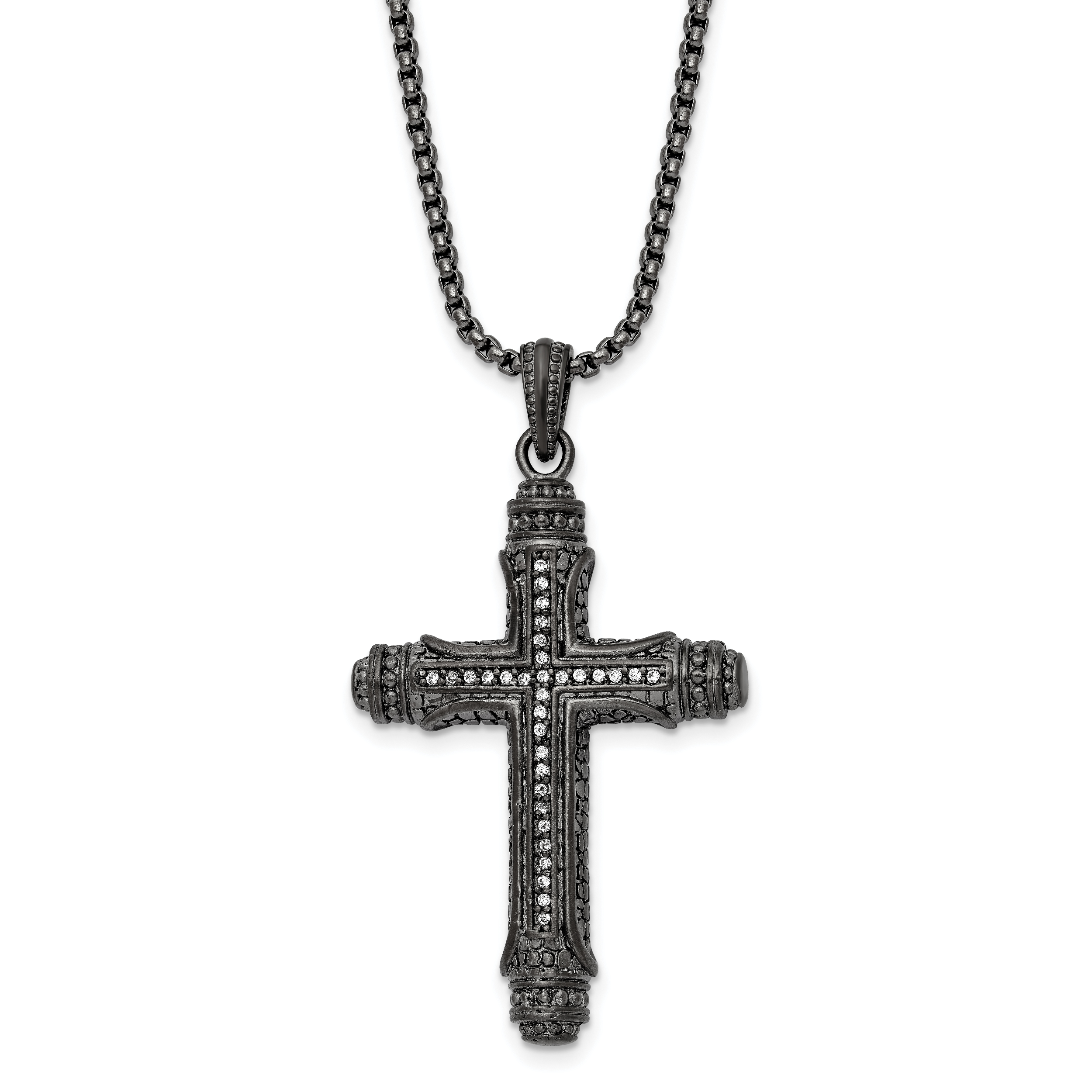 Chisel Stainless Steel Brushed and Polished Gun Metal IP-plated with CZ Cross Pendant on a 24 inch Box Chain Necklace Main image