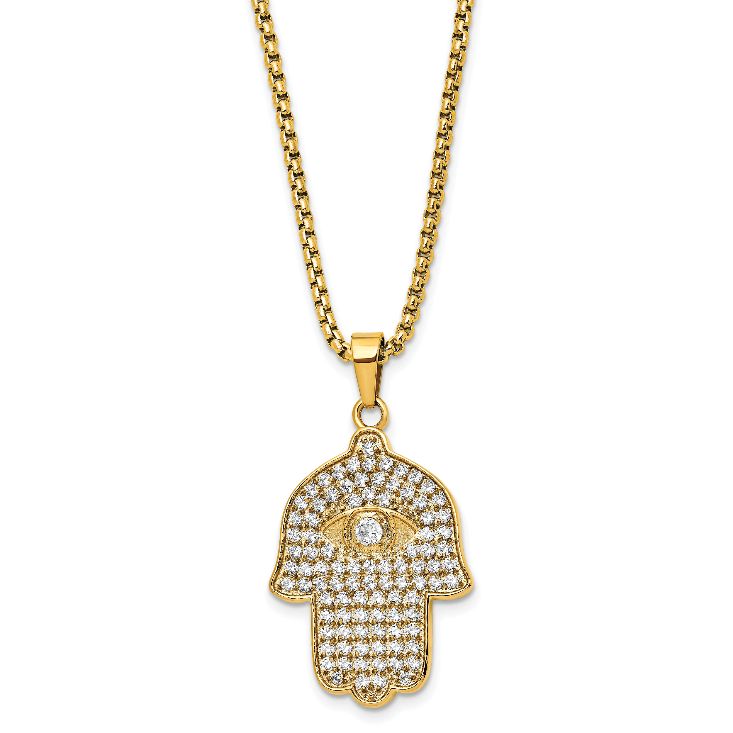 Chisel Stainless Steel Polished Yellow IP-plated with CZ Hamsa Pendant on a 24 inch Box Chain Necklace Main image