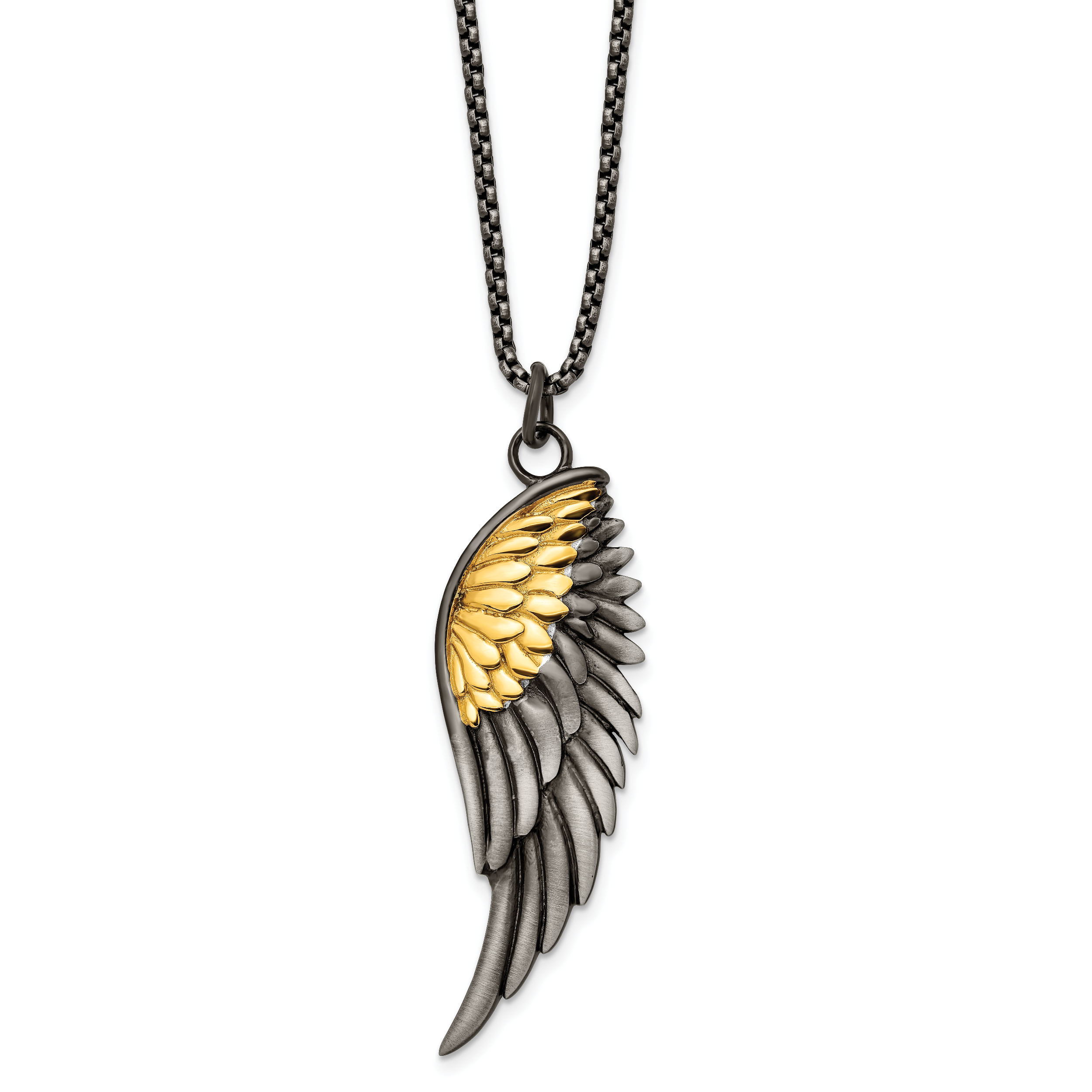 Chisel Stainless Steel Brushed Yellow IP-plated Wing Pendant on a 24 inch Box Chain Necklace Main image