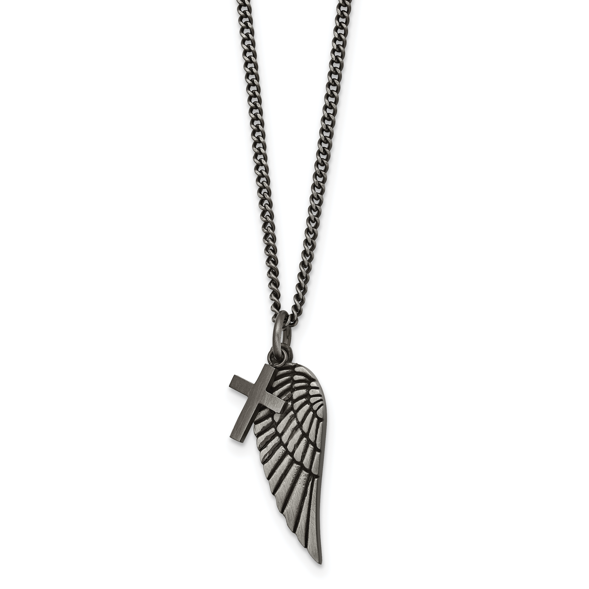 Chisel Stainless Steel Antiqued Wing and Cross Pendant on a 19.75 in Curb Chain with 2 inch Extension Necklace Main image