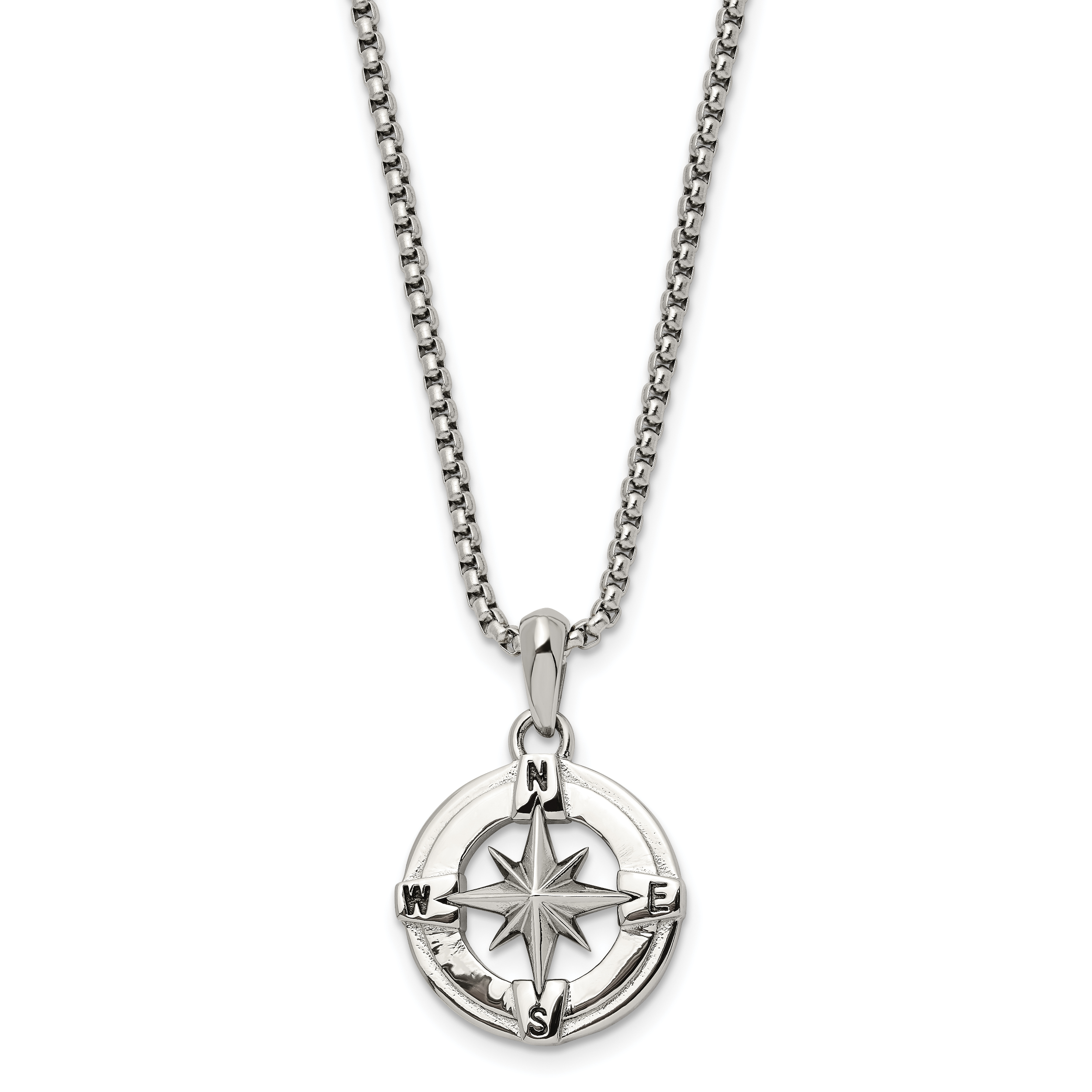 Chisel Stainless Steel Polished Compass Pendant on a 22 inch Box Chain Necklace Main image