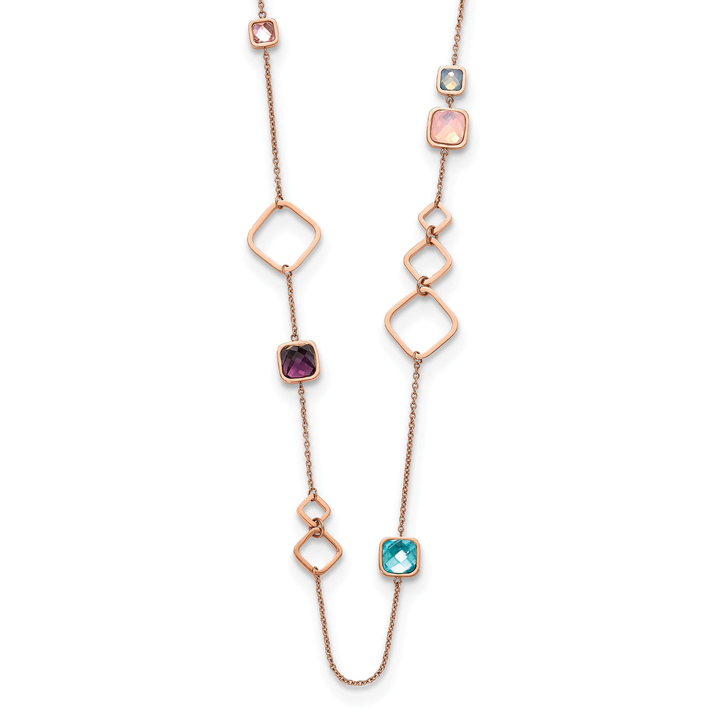 Chisel Stainless Steel Polished Rose IP-plated Multicolor Crystal on a 21.5 inch Cable Chain with 2.75 inch Extension Necklace Main image