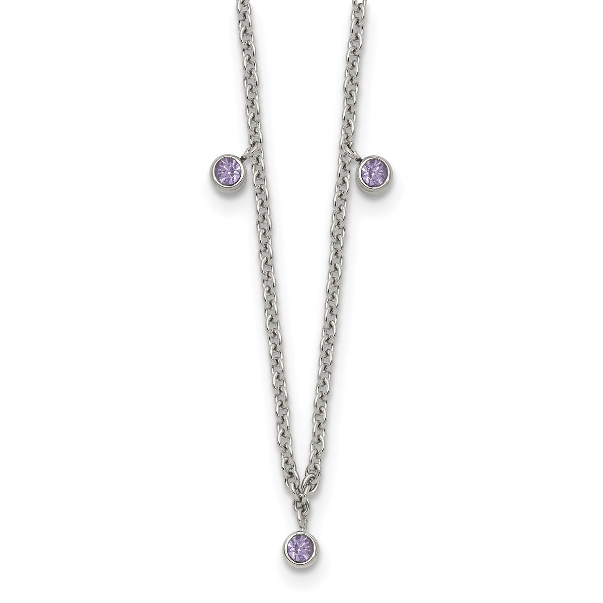 Stainless Steel Polished Purple Crystal 17.5in With 2 Inch Extention Necklace