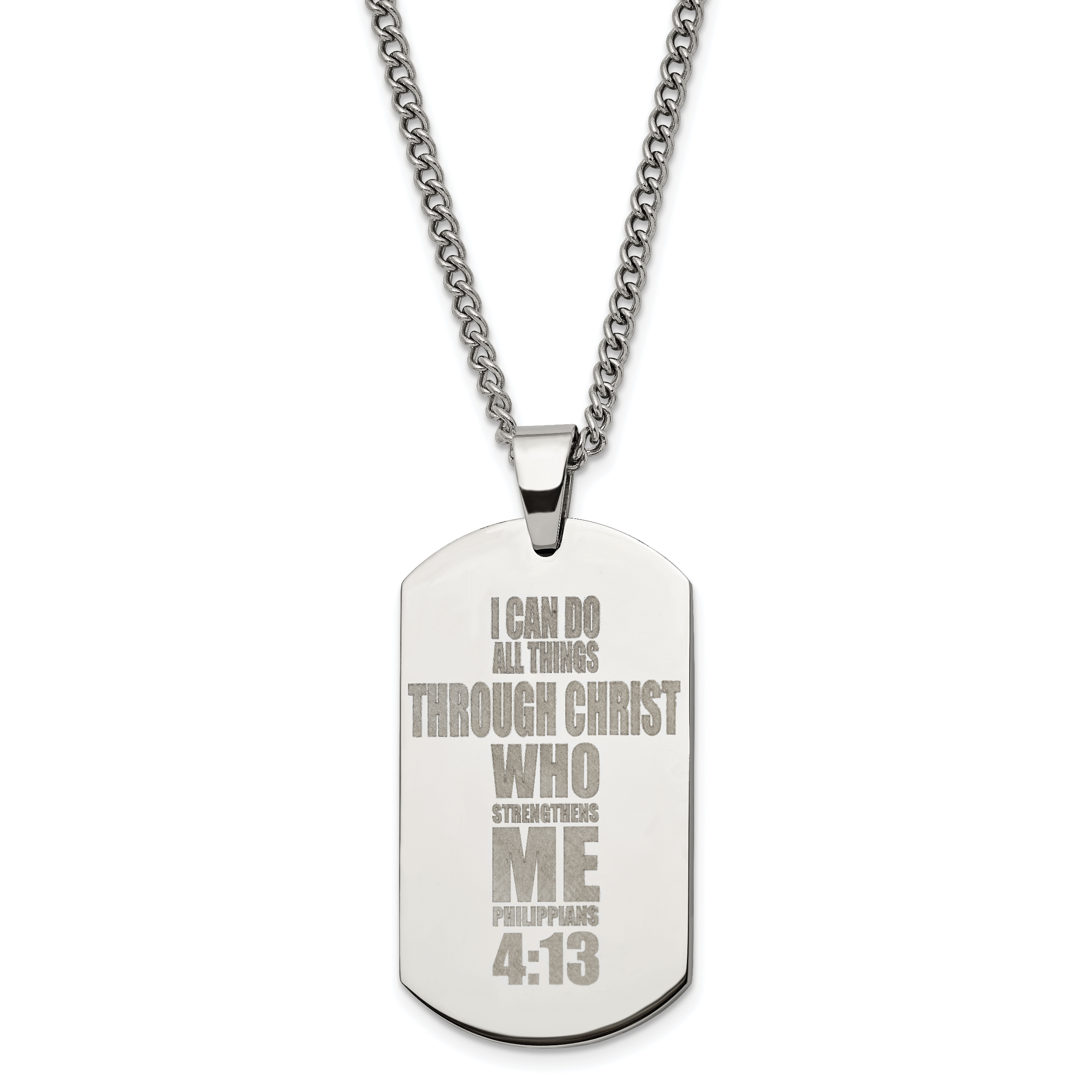 Chisel Stainless Steel Polished Lasered Philippians 4:13 Dog Tag on a 24 inch Curb Chain Necklace Main image