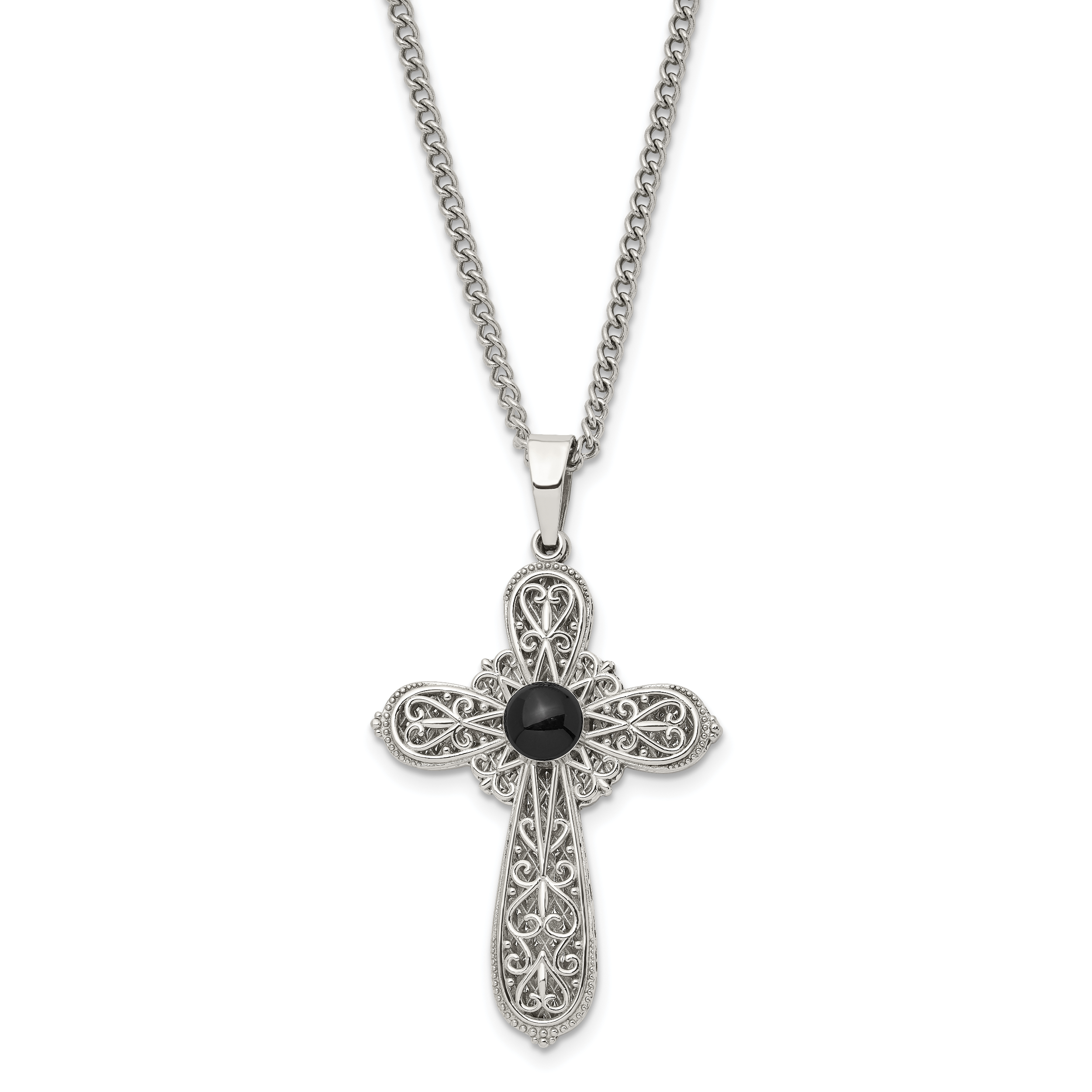 Chisel Stainless Steel Brushed and Polished Black Epoxy Pentecost Prayer Cross Pendant on a 24 inch Curb Chain Necklace Main image