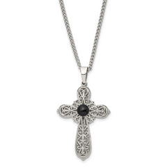 Chisel Stainless Steel Brushed and Polished Black Epoxy Pentecost Prayer Cross Pendant on a 24 inch Curb Chain Necklace