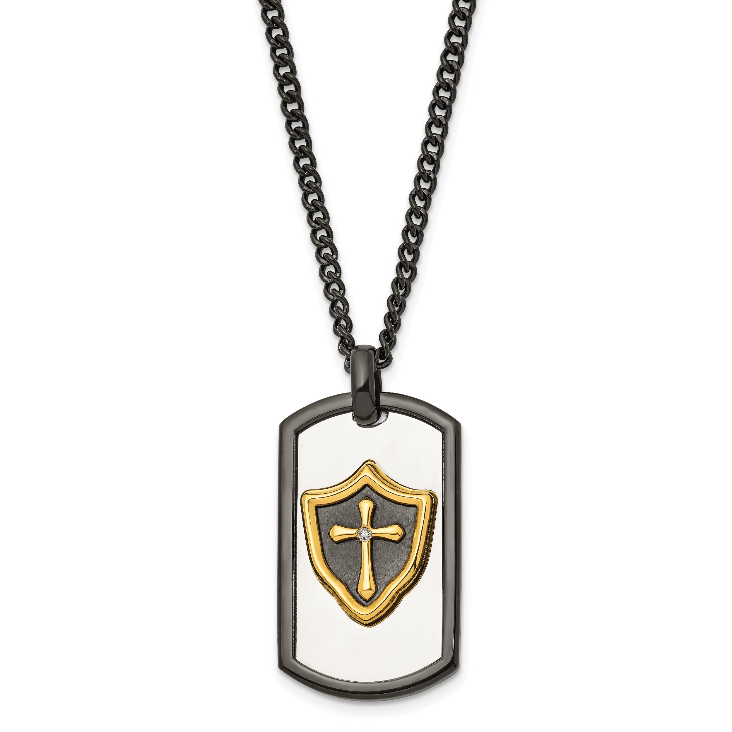 Chisel Stainless Steel Polished Black and Yellow IP-plated with CZ HERO Dog Tag on a 24 inch Curb Chain Necklace