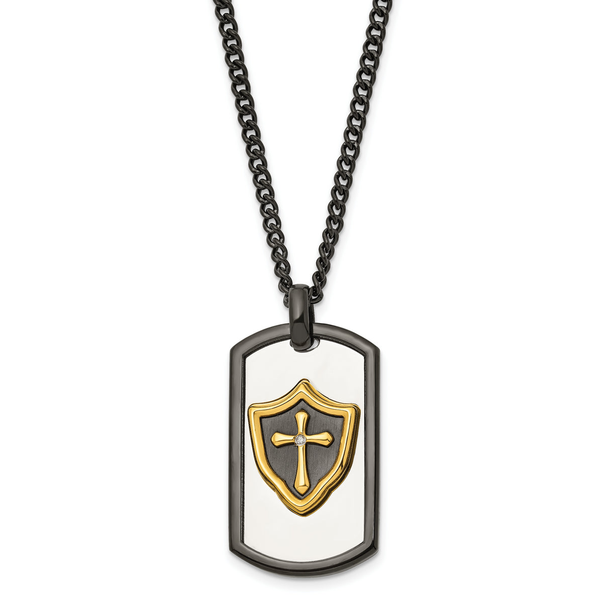 Chisel Stainless Steel Polished Black and Yellow IP-plated with CZ HERO Dog Tag on a 24 inch Curb Chain Necklace