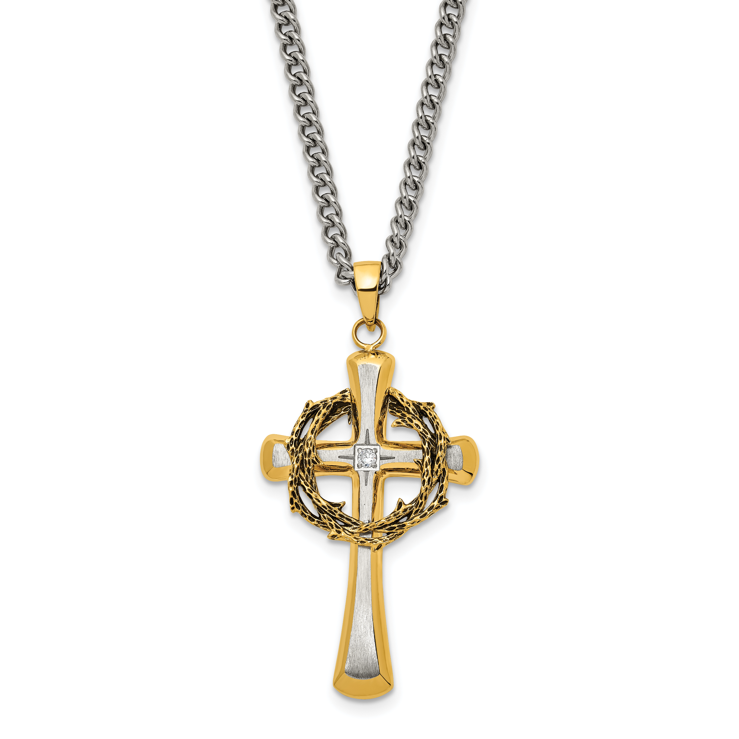 Chisel Stainless Steel Brushed and Polished Yellow IP-plated with CZ Philippians 4:13 Cross on a 24 inch Curb Chain Necklace Main image