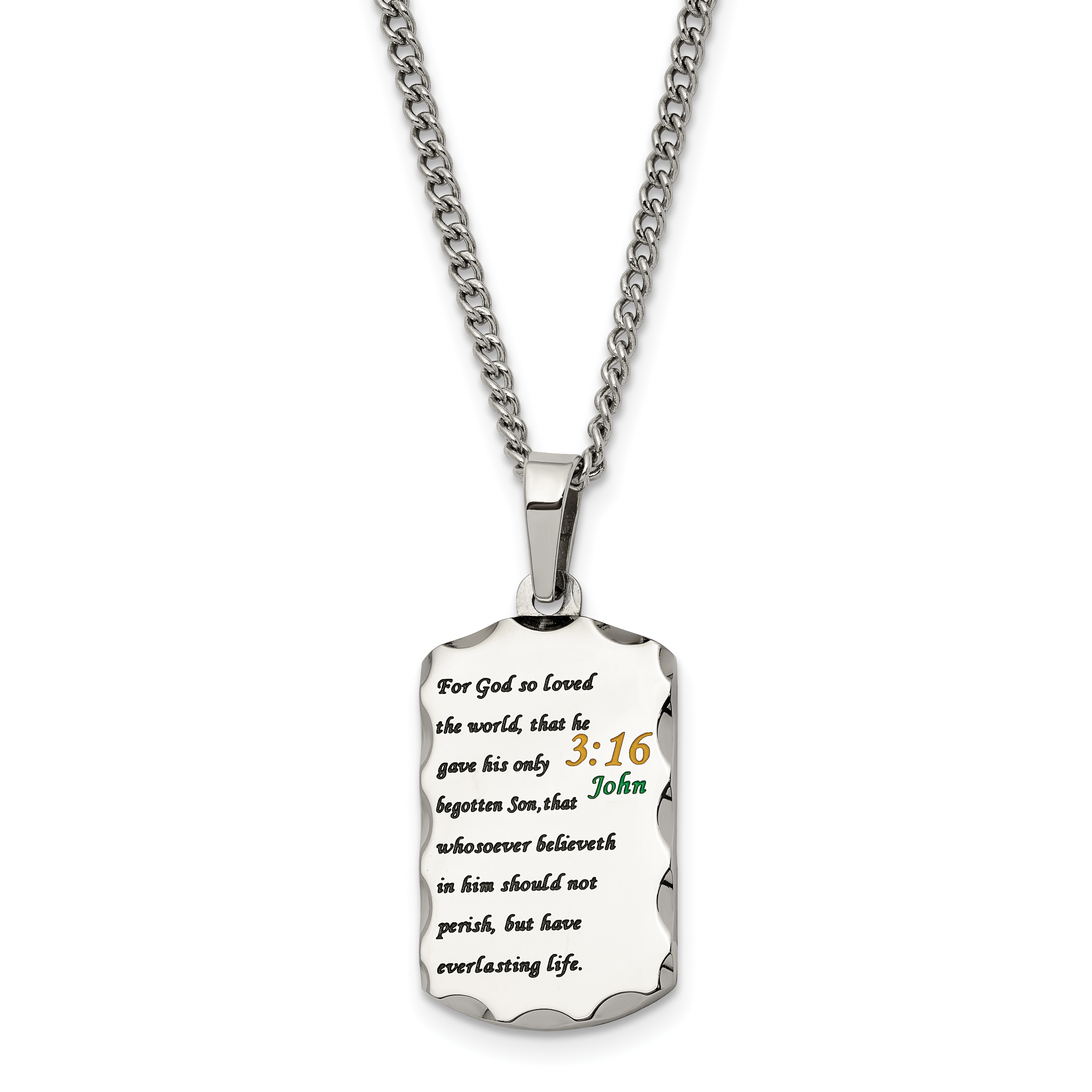 Chisel Stainless Steel Polished Acid Etched John 3:16 Dog Tag on a 24 inch Curb Chain Necklace