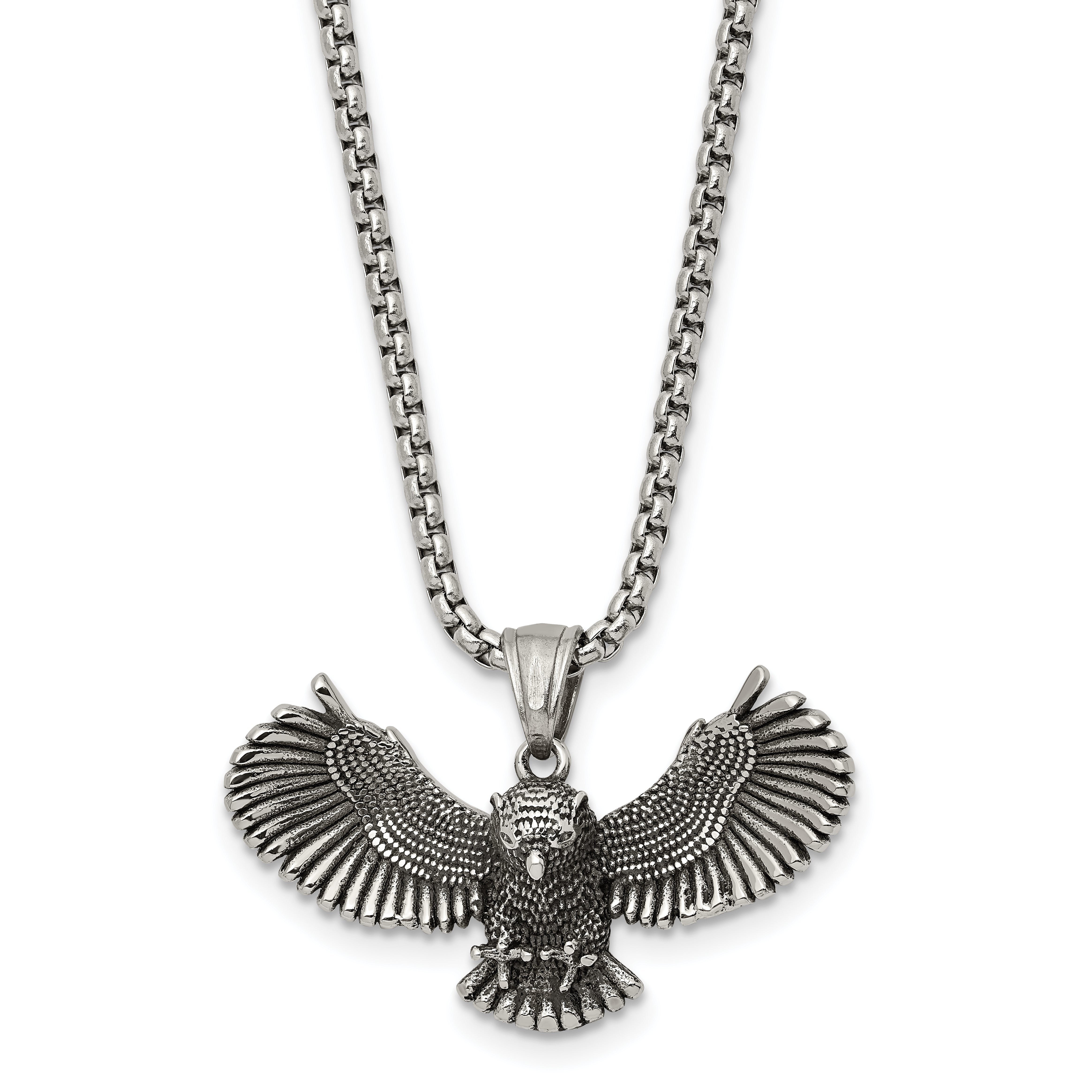 Chisel Stainless Steel Antiqued and Polished Flying Owl Pendant on a 24 inch Box Chain Necklace Main image