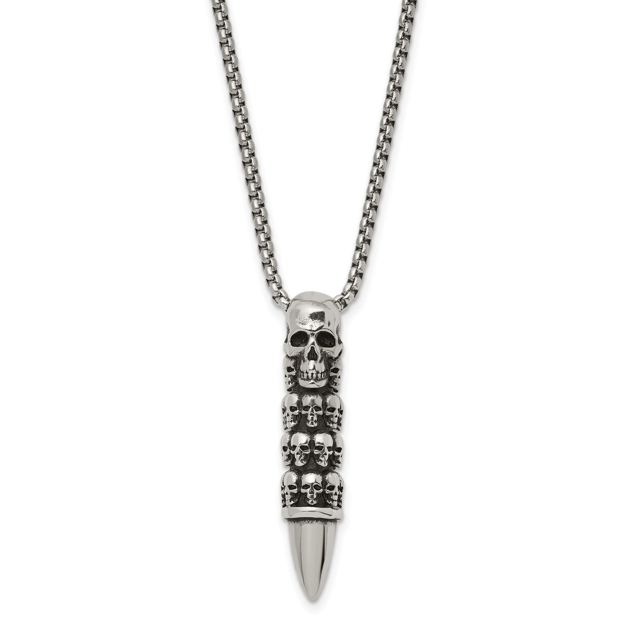 Chisel Stainless Steel Antiqued and Polished Bullet with Skulls Pendant on a 25.5 inch Box Chain Necklace Main image