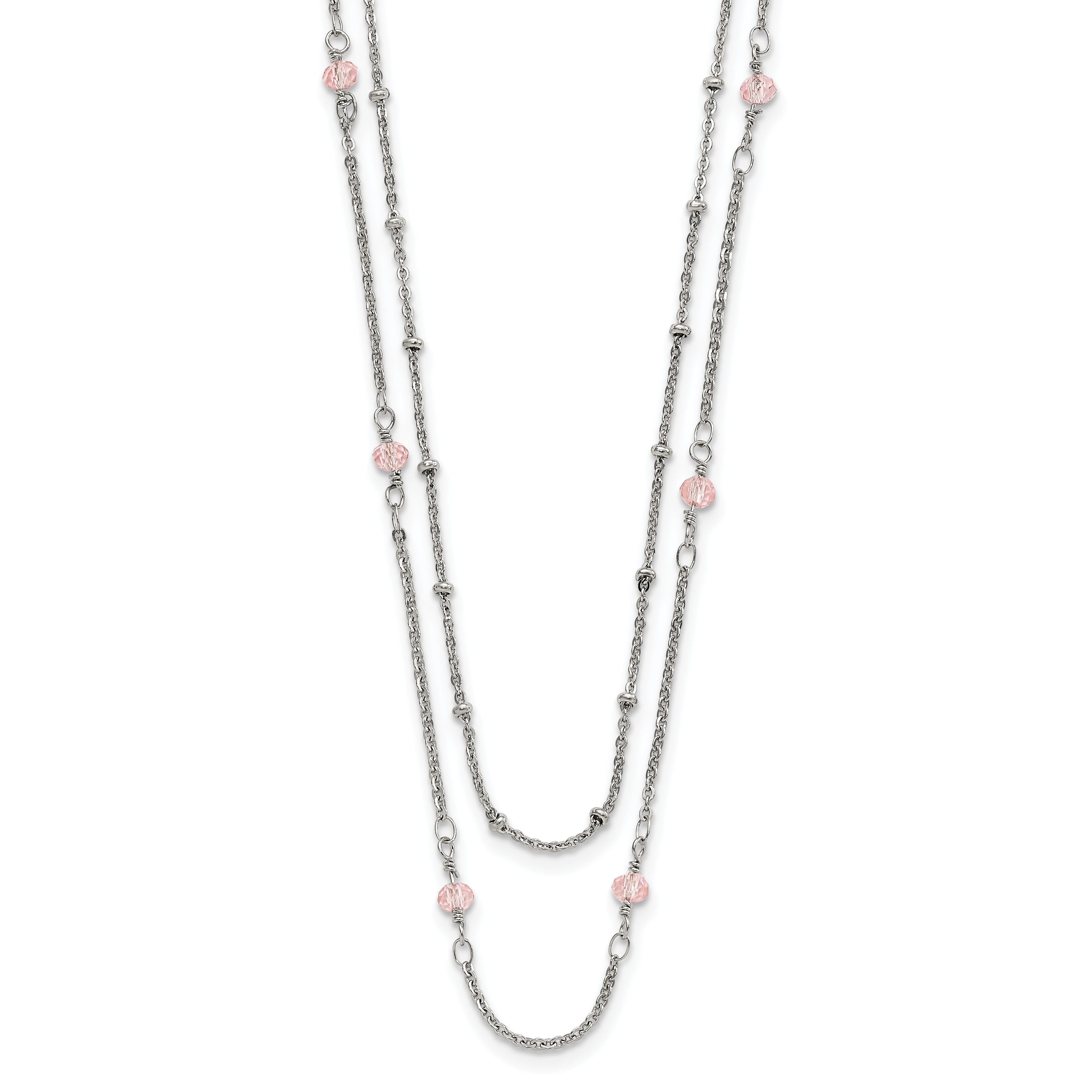 Chisel Stainless Steel Polished 2-Strand Pink Crystal Beaded 16 inch with 1 inch Extension Necklace Main image