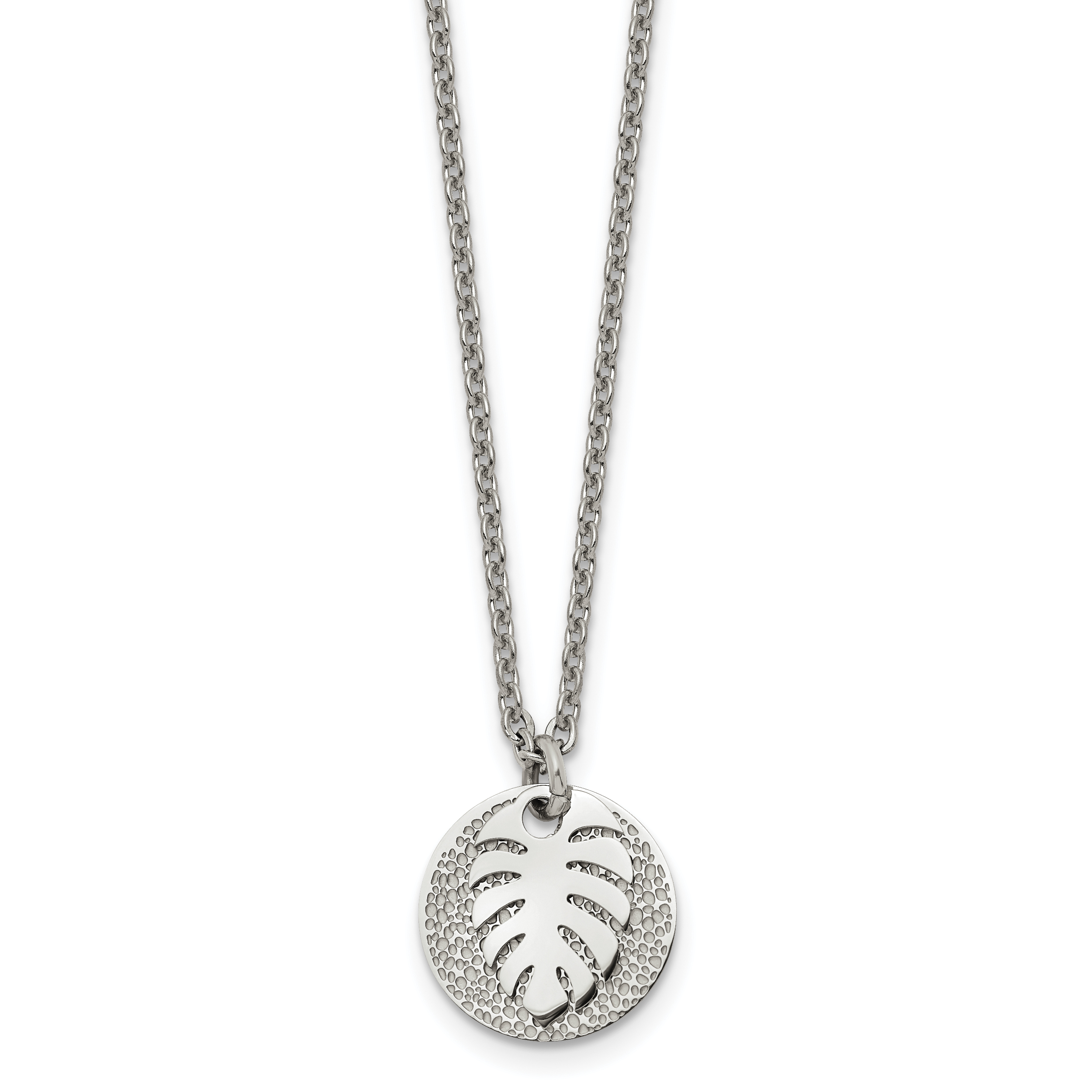 Chisel Stainless Steel Polished and Textured Circle with Leaf Pendant on a 27.5 inch Cable Chain Necklace Main image