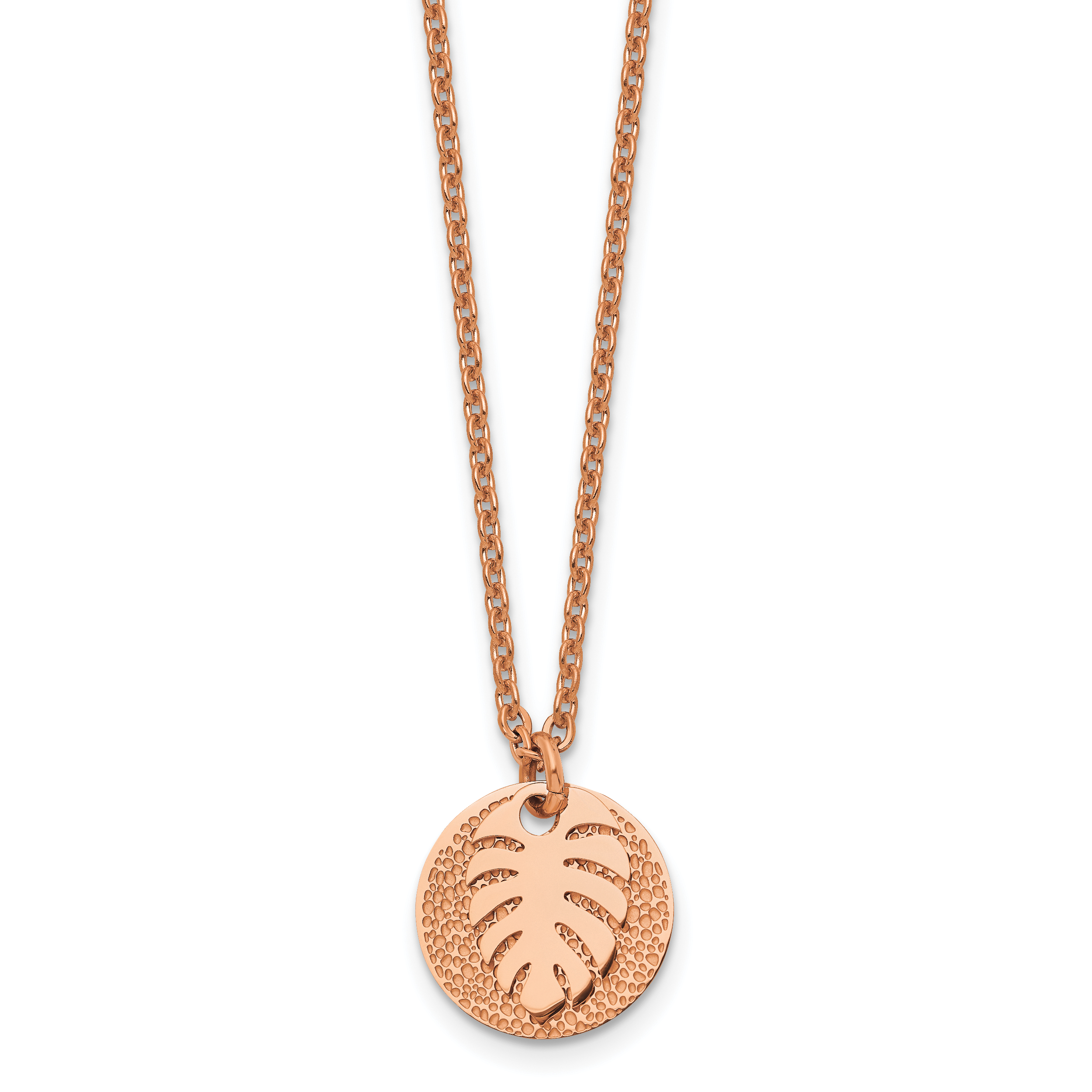 Chisel Stainless Steel Polished and Textured Rose IP-plated Circle with Leaf Pendant on a 27.5 inch Cable Chain Necklace Main image