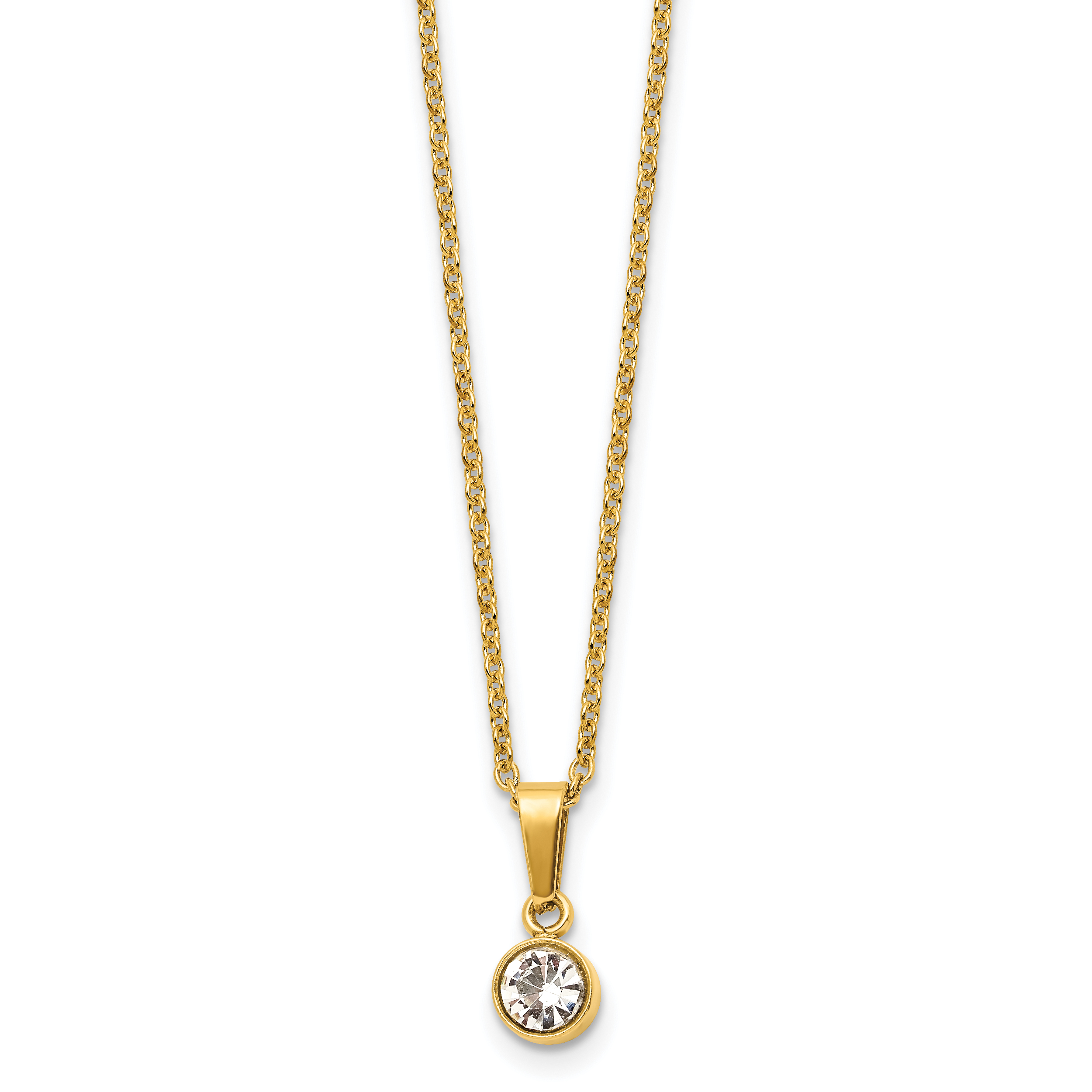 Chisel Stainless Steel Polished Yellow IP-plated Crystal Pendant on a 16 inch Cable Chain with a 2 inch Extension Necklace