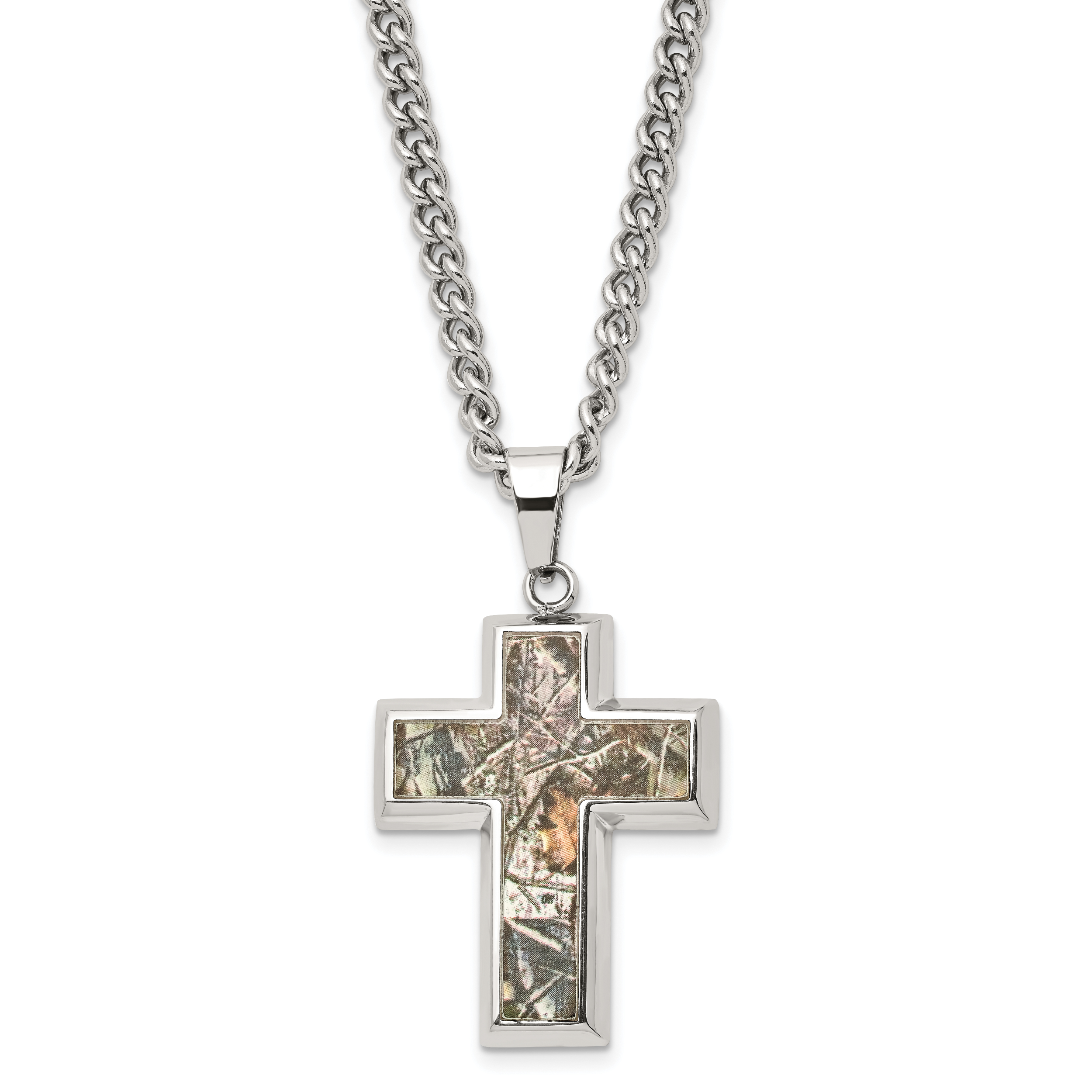 Chisel Stainless Steel Polished Printed Hunting Camo Under Rubber Cross Pendant on a 24 inch Curb Chain Necklace Main image