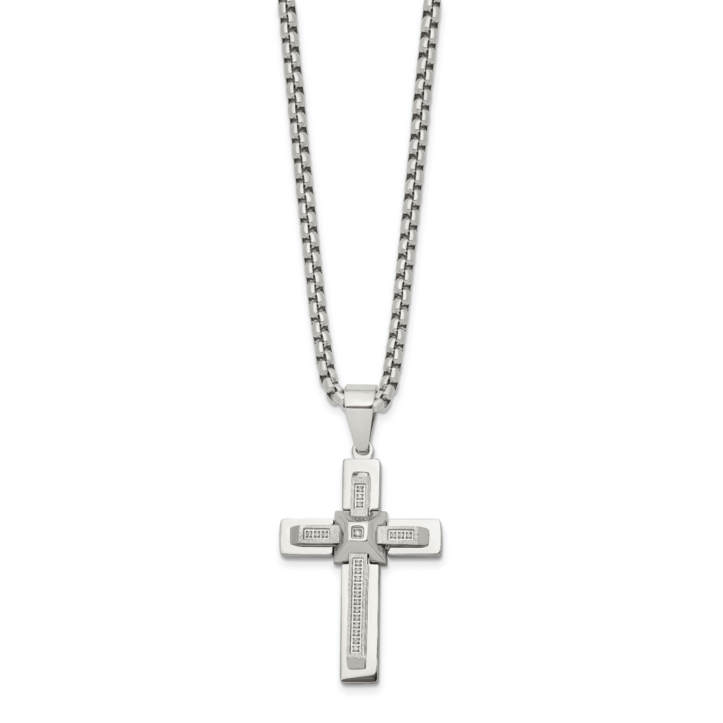 Men's Polished Cubic Zirconia Cross Stainless Steel Box Chain Necklace 3.1mm