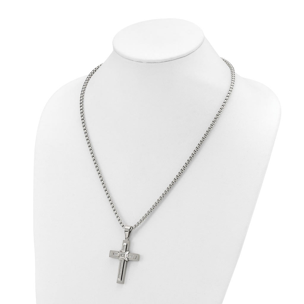 Men's Polished Cubic Zirconia Cross Stainless Steel Box Chain Necklace 3.1mm